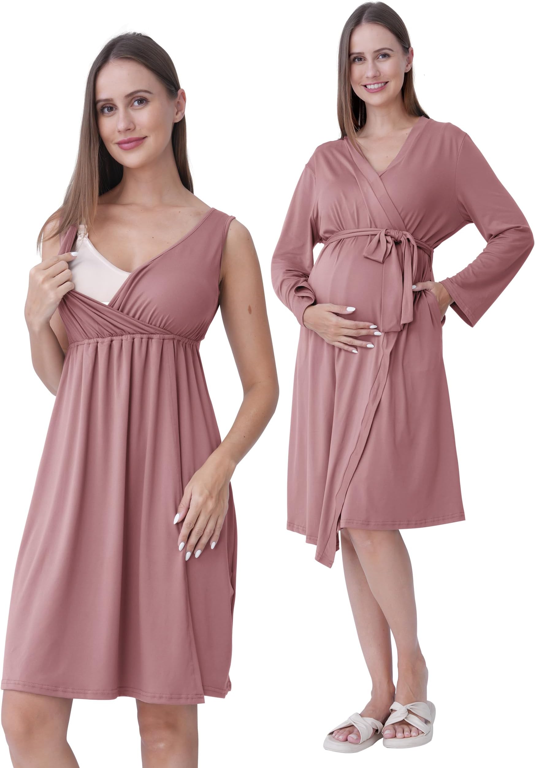 Maternity and Nursing Nightdress with Dressing Gown 2-Piece 3-in-1 Pregnancy Night Dress Set for Birth, Postpartum and Breastfeeding, Hospital Sleepwear