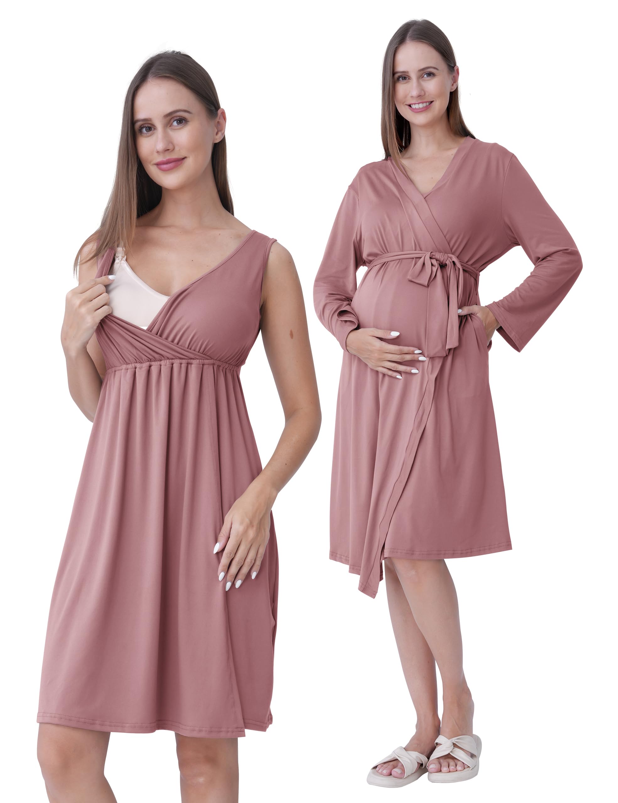 Maternity and Nursing Nightdress with Dressing Gown 2-Piece 3-in-1 Pregnancy Night Dress Set for Birth, Postpartum and Breastfeeding, Hospital Sleepwear