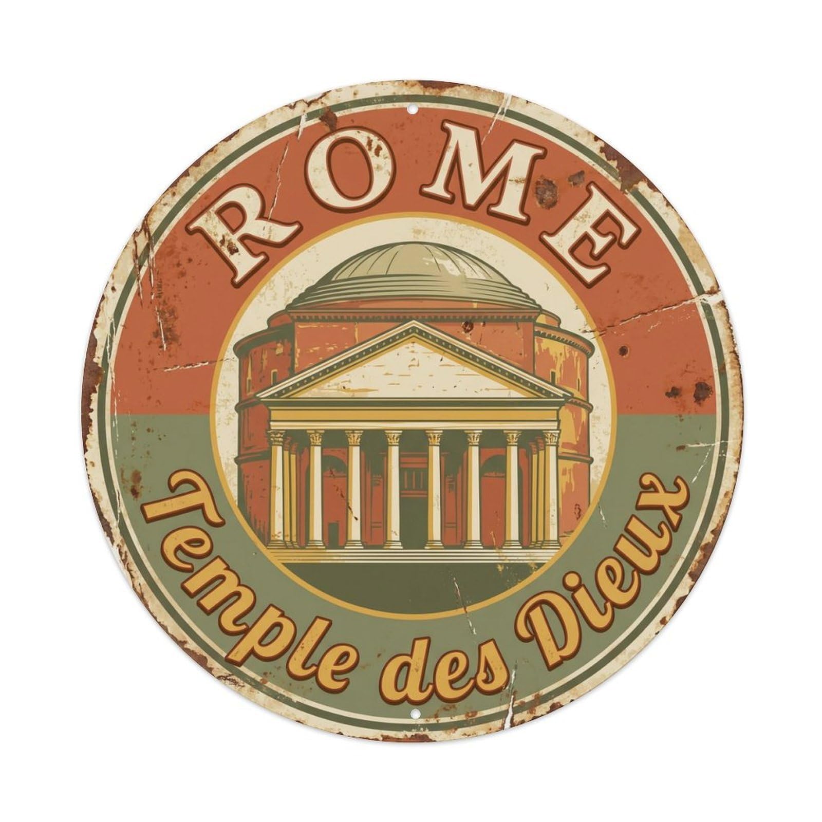 Vintage Travel Pantheon Ancient Rome Metal Tin Sign Plaque Wall Decor for Cafe, Club, Garden Round Metal Poster 8x8Inch