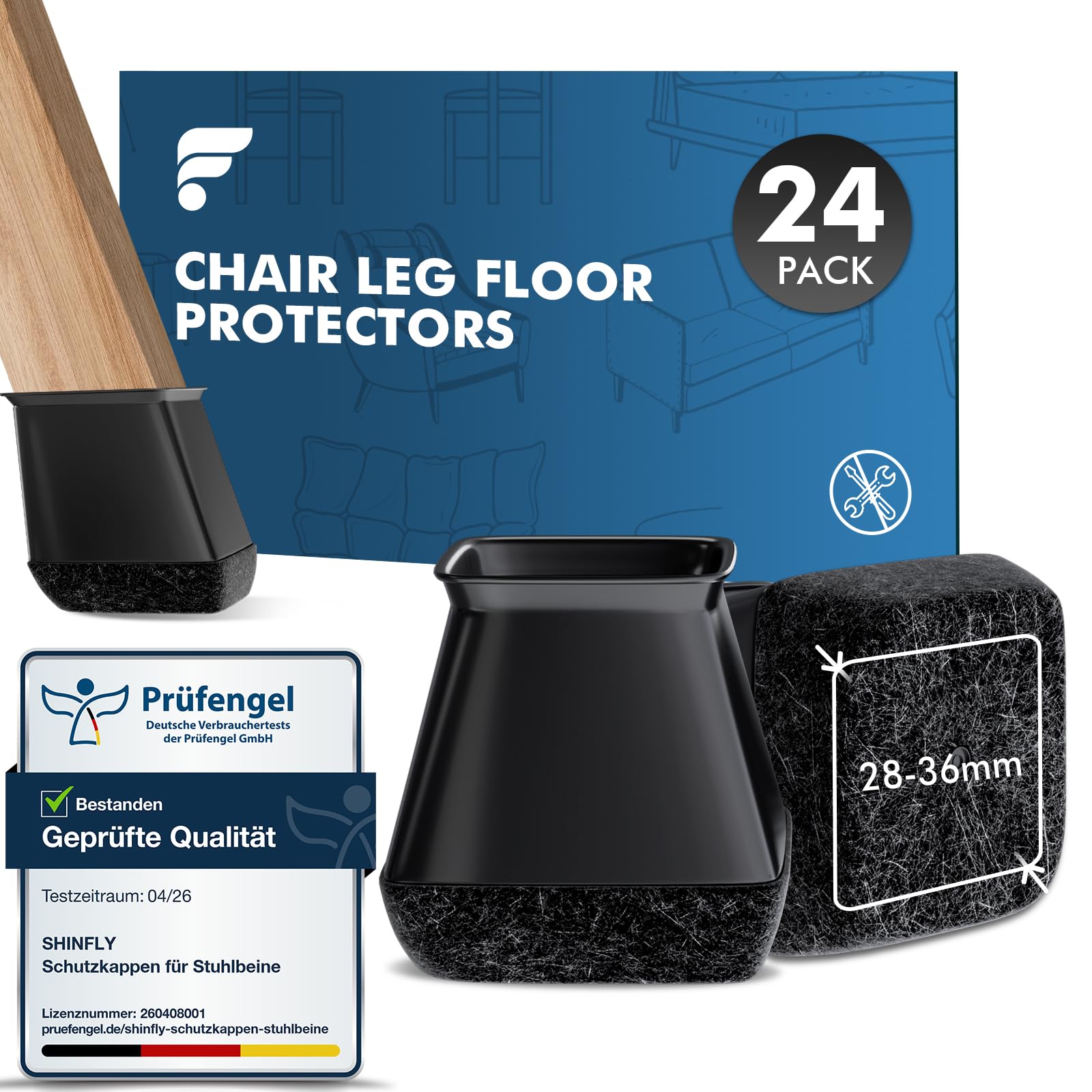 Shinfly 24 Pcs Chair Leg Floor Protectors, Black Silicone Chair Leg Caps with 360° wrapped felt pad for Hardwood Floors, Floor Protectors for Furniture Legs, No Scratches No Noise (Square Fit:28-36mm) — image 1