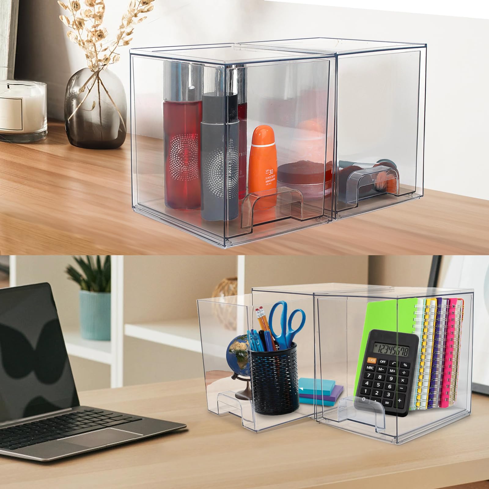 SpaceHacks Confezione da 2 organizer impilabili per trucchi, organizer in acrilico, cassetti portaoggetti in plastica trasparente con manici per vanità, sottolavello, mobili da cucina, dispensa