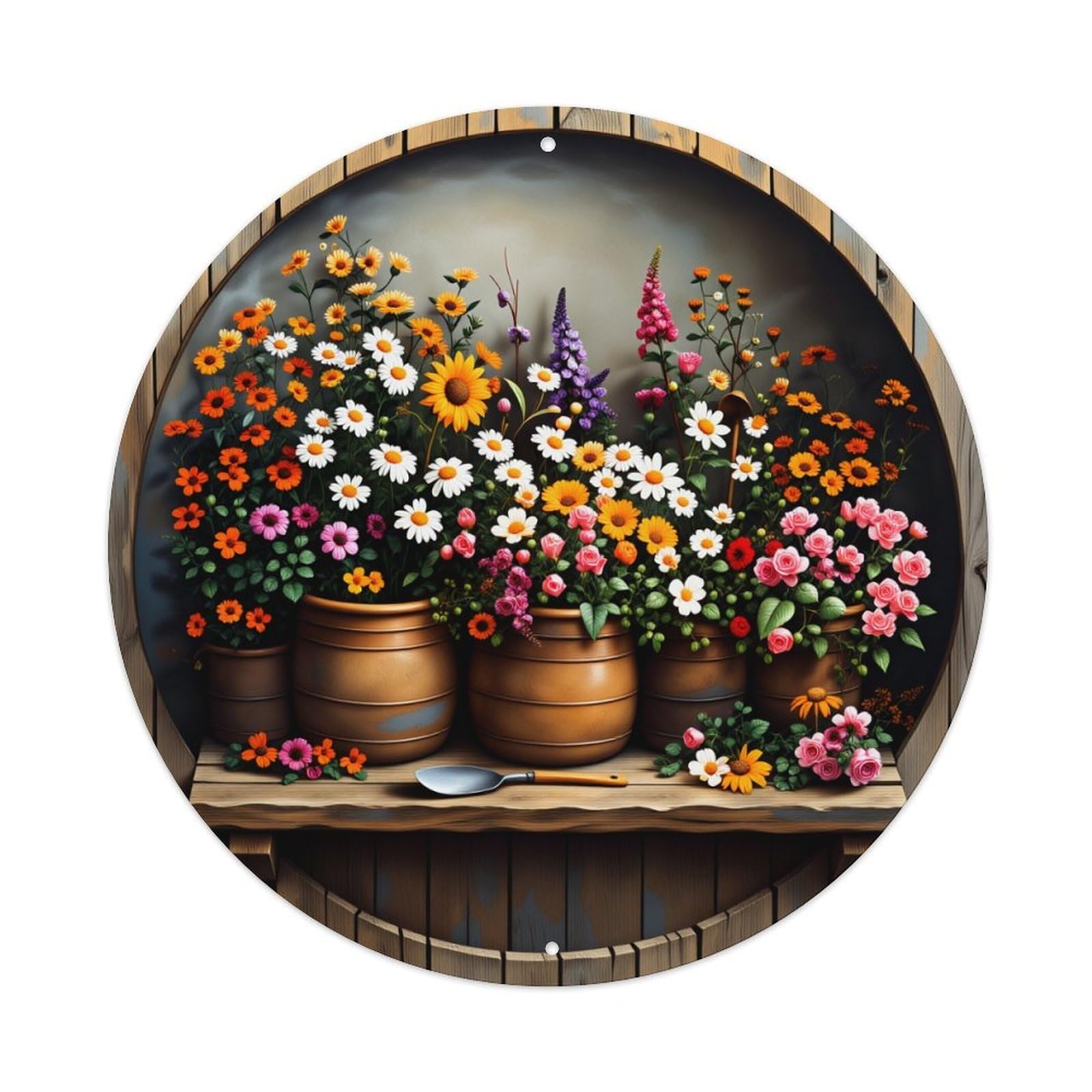 Floral Arrangement In Wooden Pots With Colorful Blooms Round Vintage Tin Sign,Retro Wall Art,Metal Poster for Home, Bar, Garage, Cafe, Rustic Indoor & Outdoor Decor, 8x8 Inches