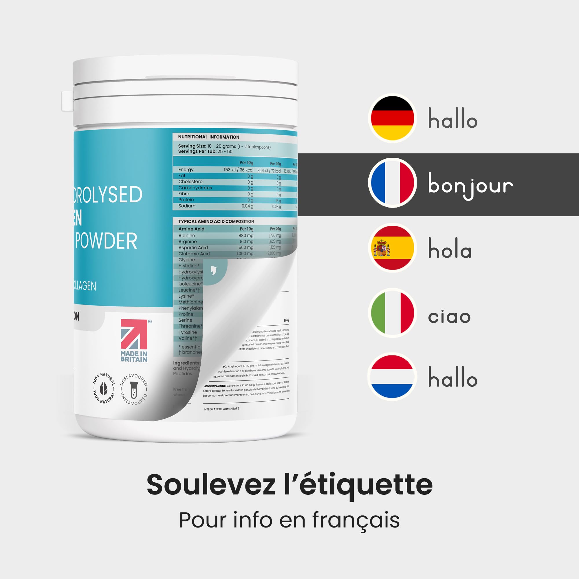 Peptide De Collagene Poudre 500g Collagène Hydrolysé Bovin | Facile à Dissoudre | Collagen Peptides Type 1 et 3 | Collagene Peptide Haute Biodisponibilité | VitaBright Colagene