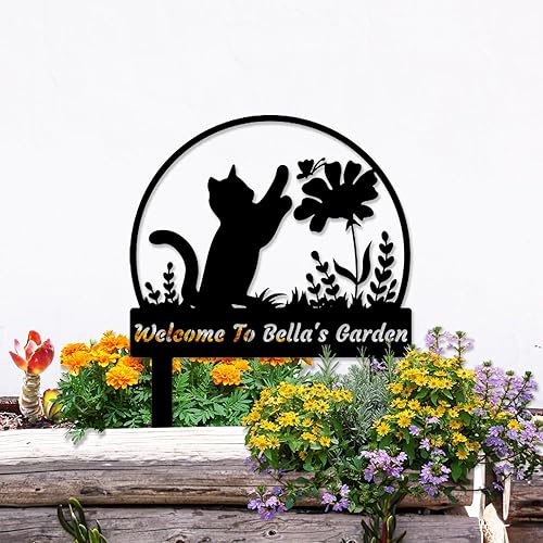 Miniatura 2 de Letrero personalizado con estaca de jardín de gato, letrero de jardín personalizado para gatos con estacas, diseño de flores de mariposa, letrero de