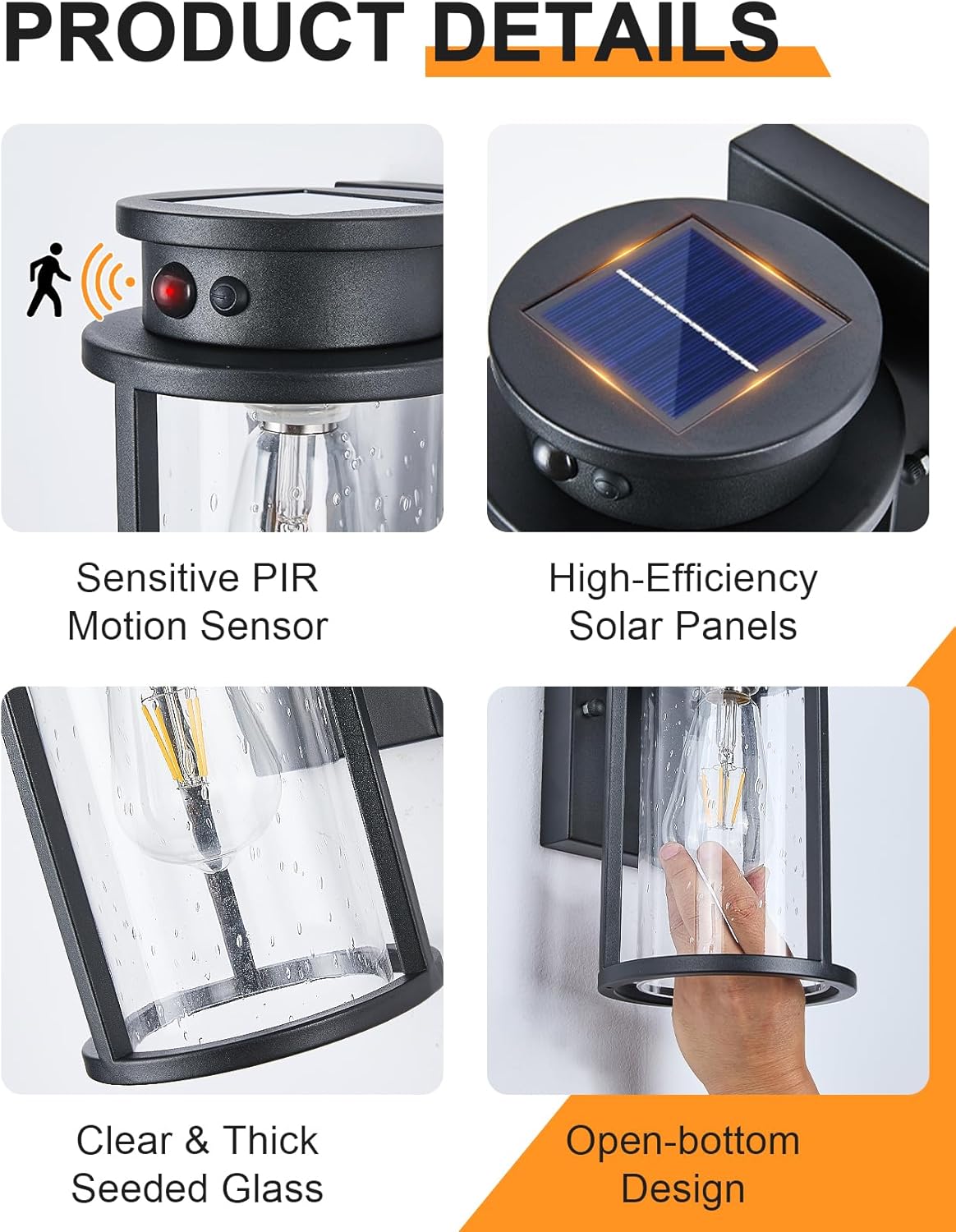 Solar Outdoor Wall Light Motion Sensor Outside Wall Lamp Dusk to Dawn Exterior Light Fixtures Wall Mount Outside Coach Light with Seeded Glass Porch Light IP65 for House Patio