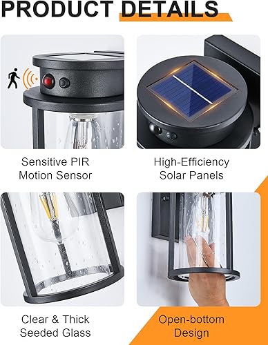 Miniatura 5 de Lámpara de pared solar para exteriores, sensor de movimiento, lámpara de pared exterior con atardecer a amanecer, montaje en pared