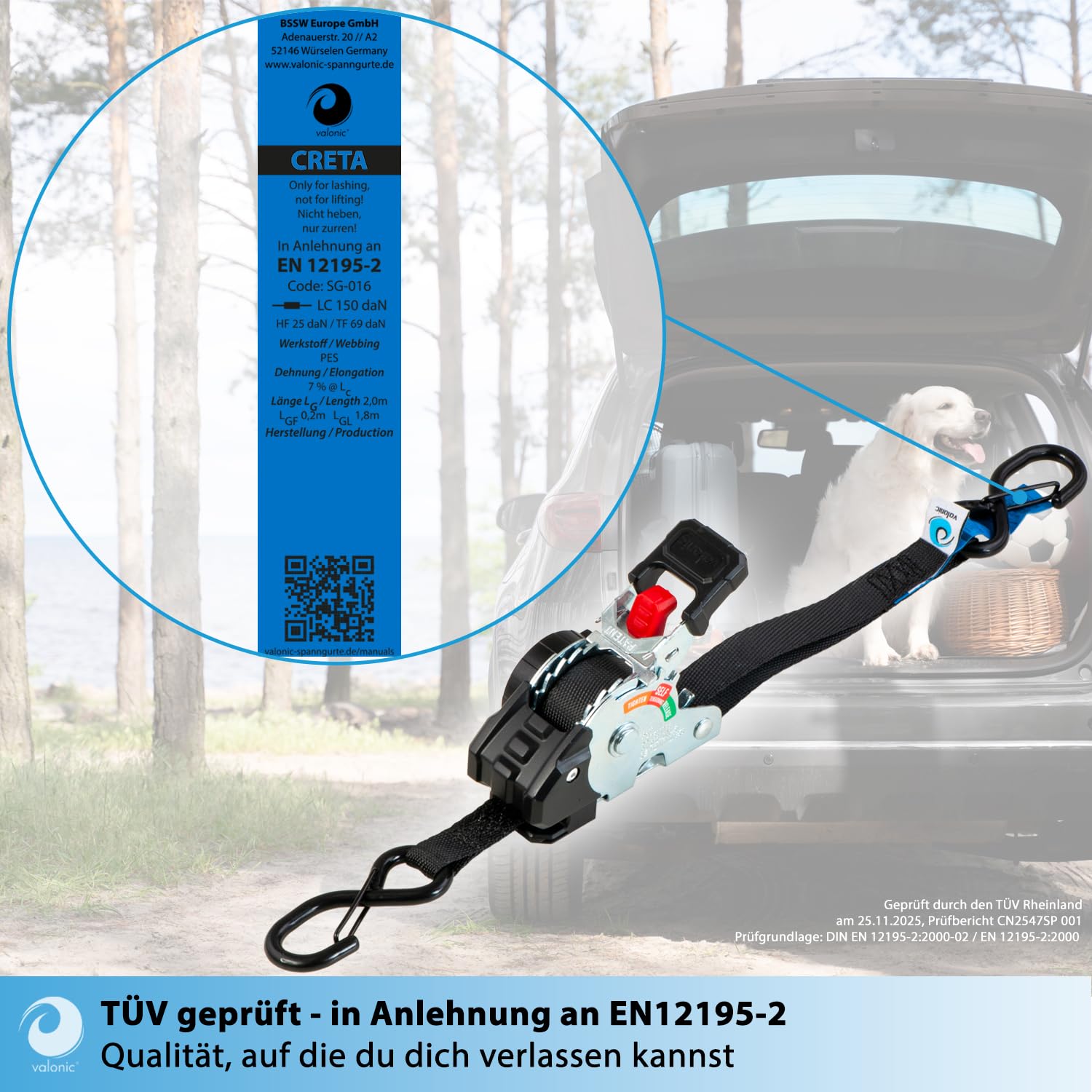 valonic Creta 2 m, Mini Spanngurte Automatik, für Kofferraum und Anhänger sowie Auto und Transport, 4er Set, 150 kg Zurrkraft, 19 mm, Spanngurt Selbstaufrollend, S-Haken mit Sicherung