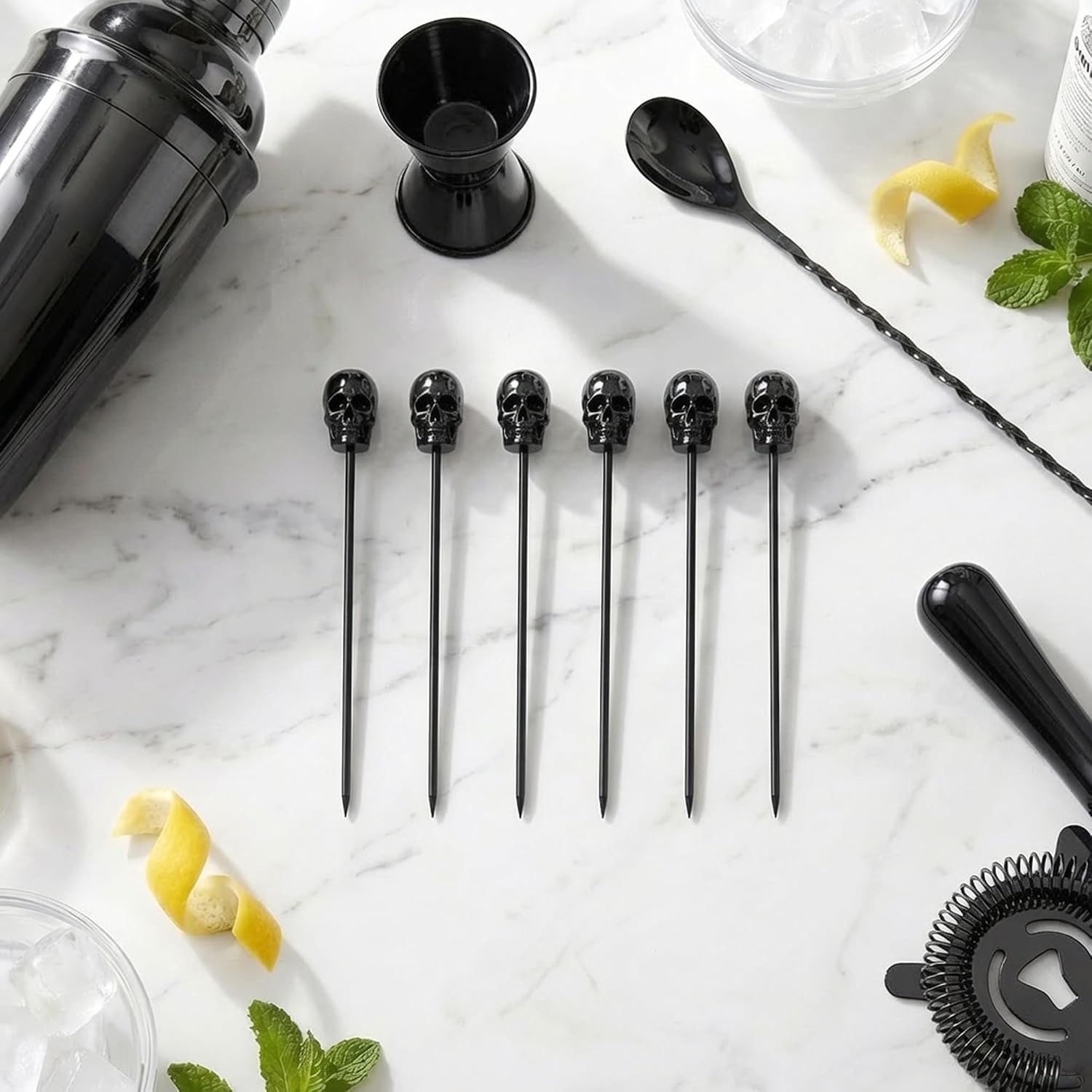 Homestia 6 Pcs 4.6'' Metal Cocktail Martini Picks, Halloween Skull Decor image 2