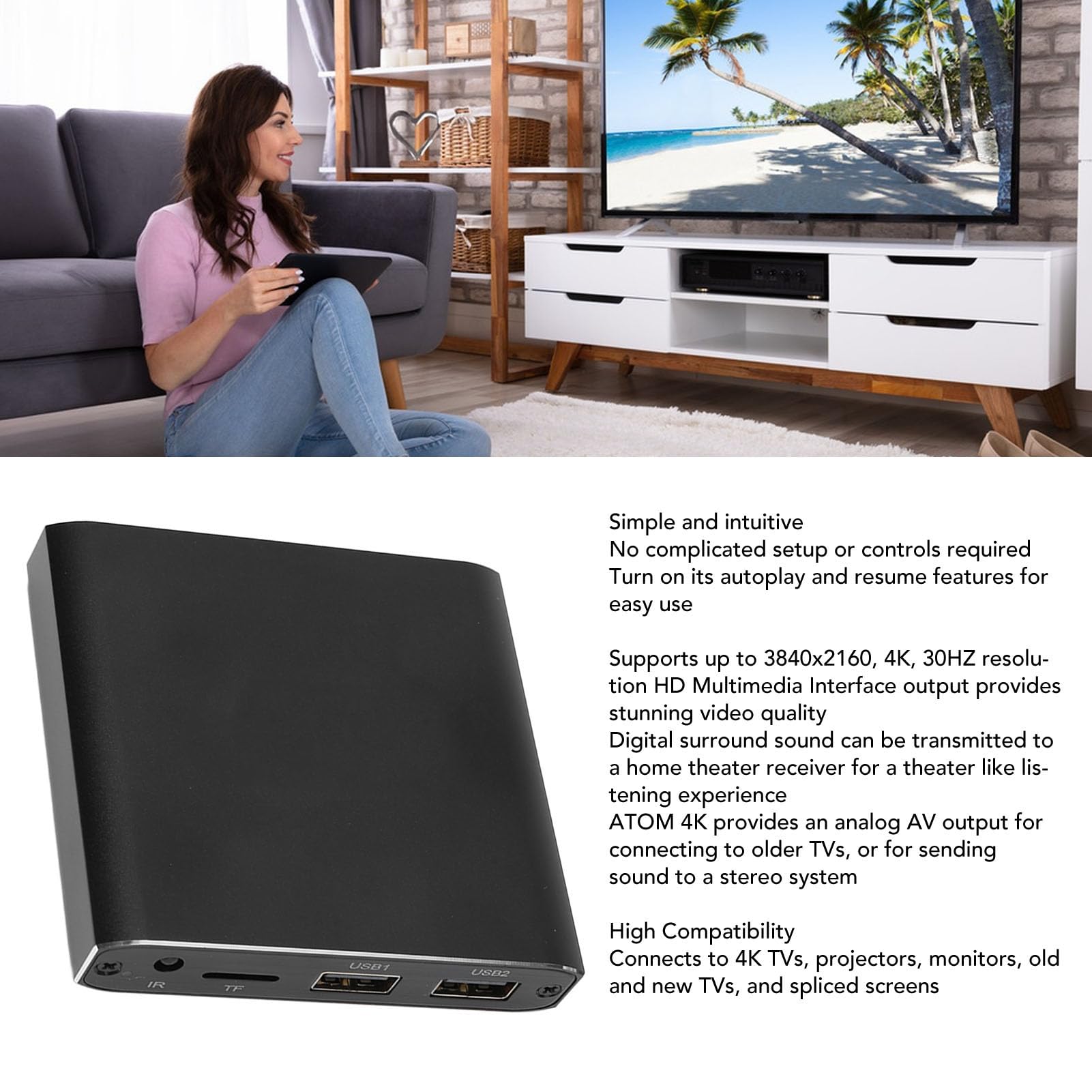 Cryfokt Lecteur Multimédia 4K, Lecteur Numérique UHD Mini avec Lecture Automatique, Résolution 4K for Lecture Vidéo à Domicile et Présentations Professionnelles (Prise UE)