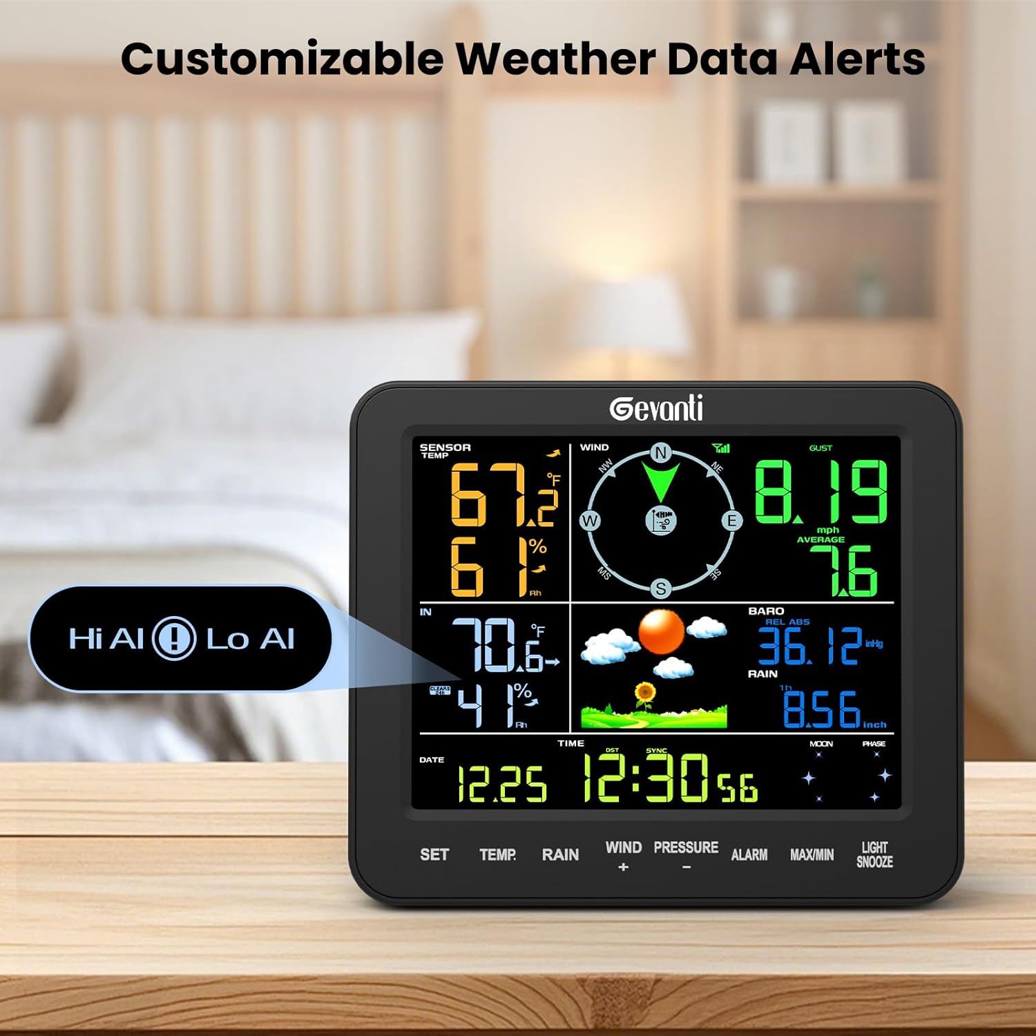 Gevanti weather station display showing customizable weather data alerts