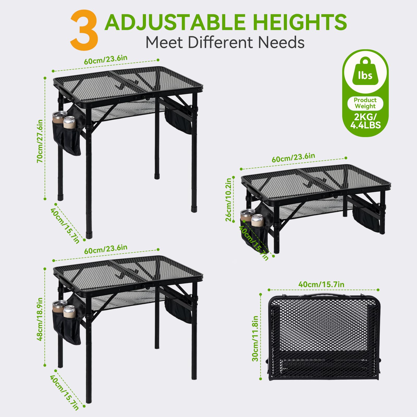 Campingtisch Klappbarer 60×40cm 3-Fach Höhenverstellbarer Grilltisch mit Metallgitter-Tischplatte und 2 Seitentaschen Faltbarer Gartentisch Klapptisch für Outdoor Garten Camping Picknick