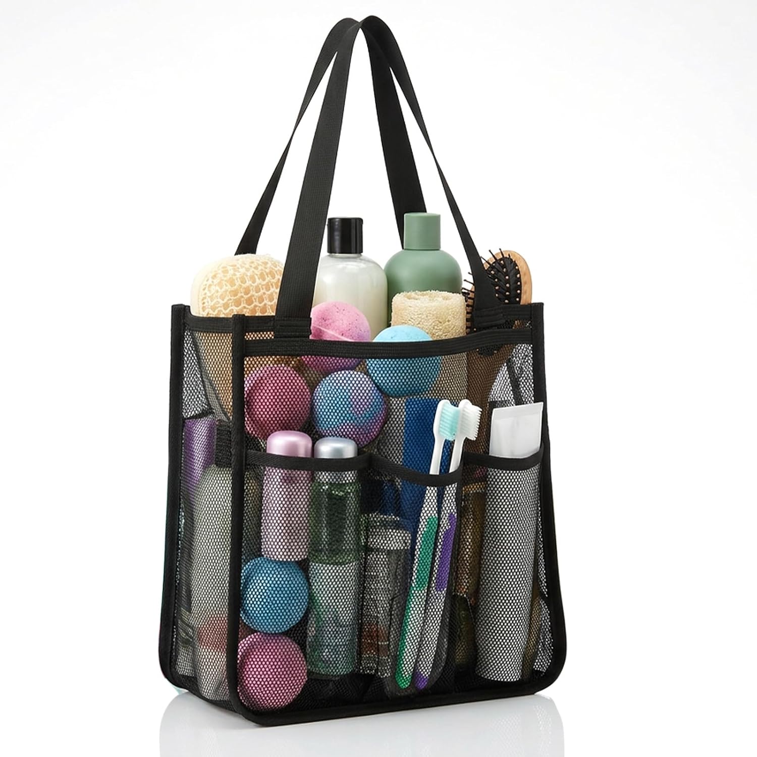 Mesh Shower Caddy Portable, Hanging Shower Bag for College Dorm Room Essentials, Quick Dry Toiletry Organizer for Travel, Gym, Camping, 4 Pockets, Black