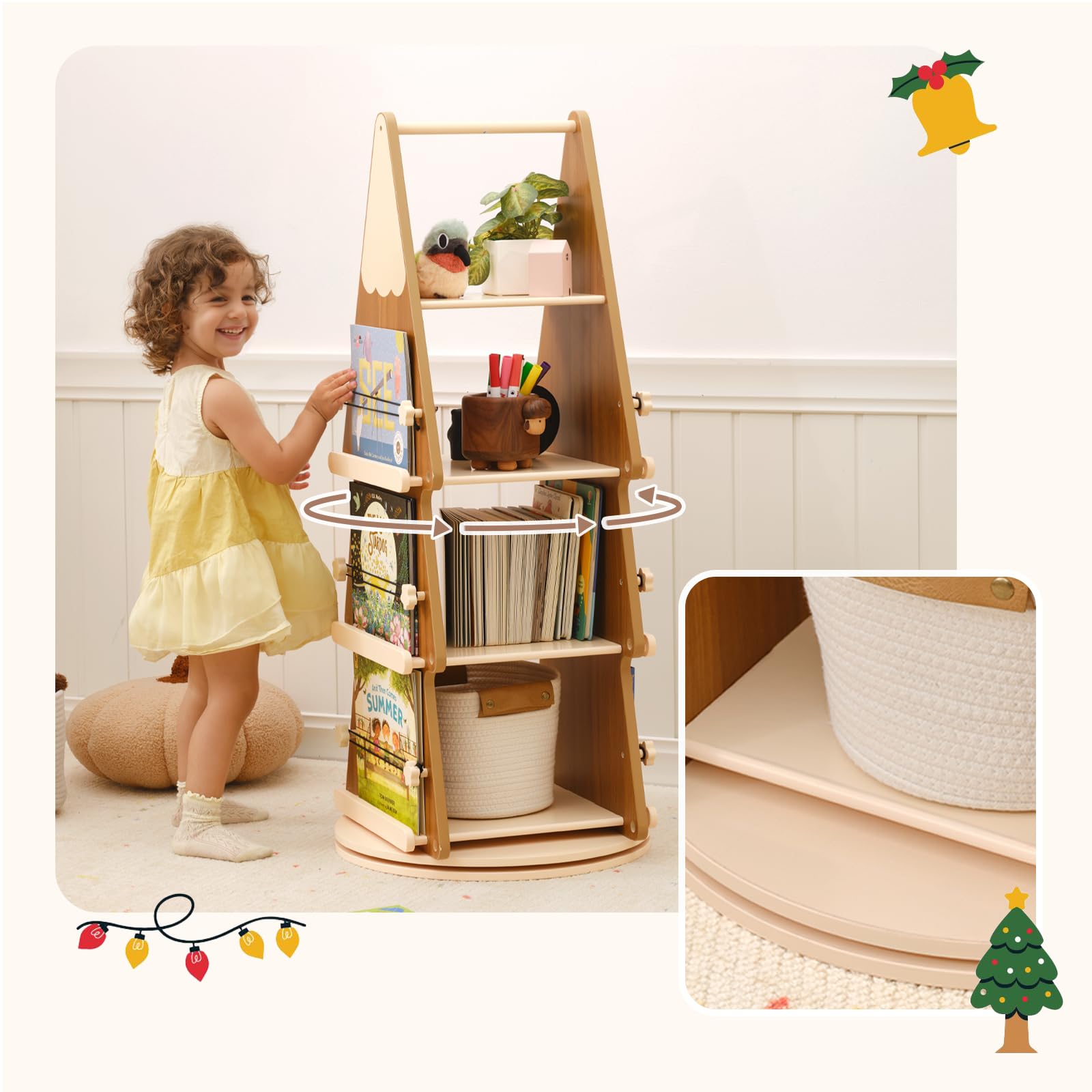 OOOK Bibliotheque Rotative Enfant, Bibliotheque Tournante à 4 Niveaux, Étagère Livre Enfant Bois Massif à 360°, étagère à Livres pour Chambres d'enfant, salles de Classe, Chambres de bébé