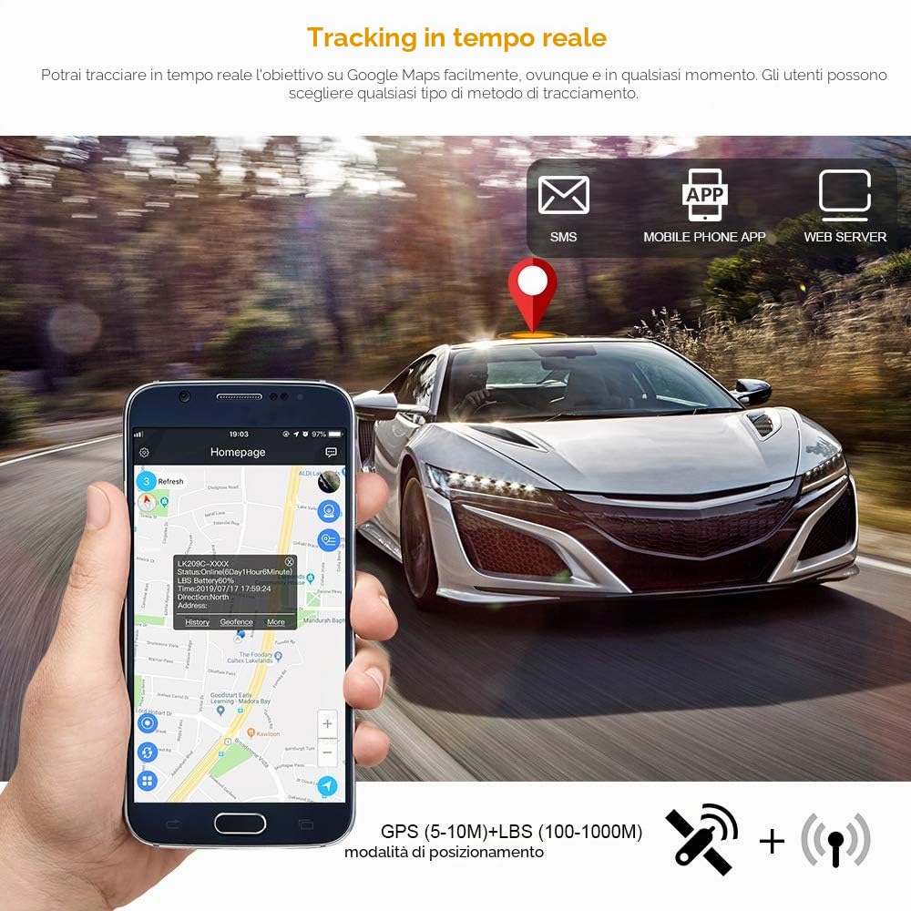 GPS Tracker per Auto 20000mah Localizzatore GPS Batteria Lunga Durata APP Senza Abbonamento IP67 Impermeabile Geofencing Smart Alarm con Magneti Multipli Incorporati può Visualizzare Tracce Storiche