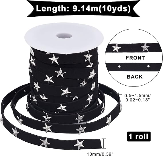 PH PandaHall 10 Yards Flat Faux Suede Ribbon Black Faux Leather Lace with Star Rivet 10mm Studded Faux Suede Cord with Star Rivet for Punk Rock Jewelry Making Tassel Macrame Dress Bag Decor