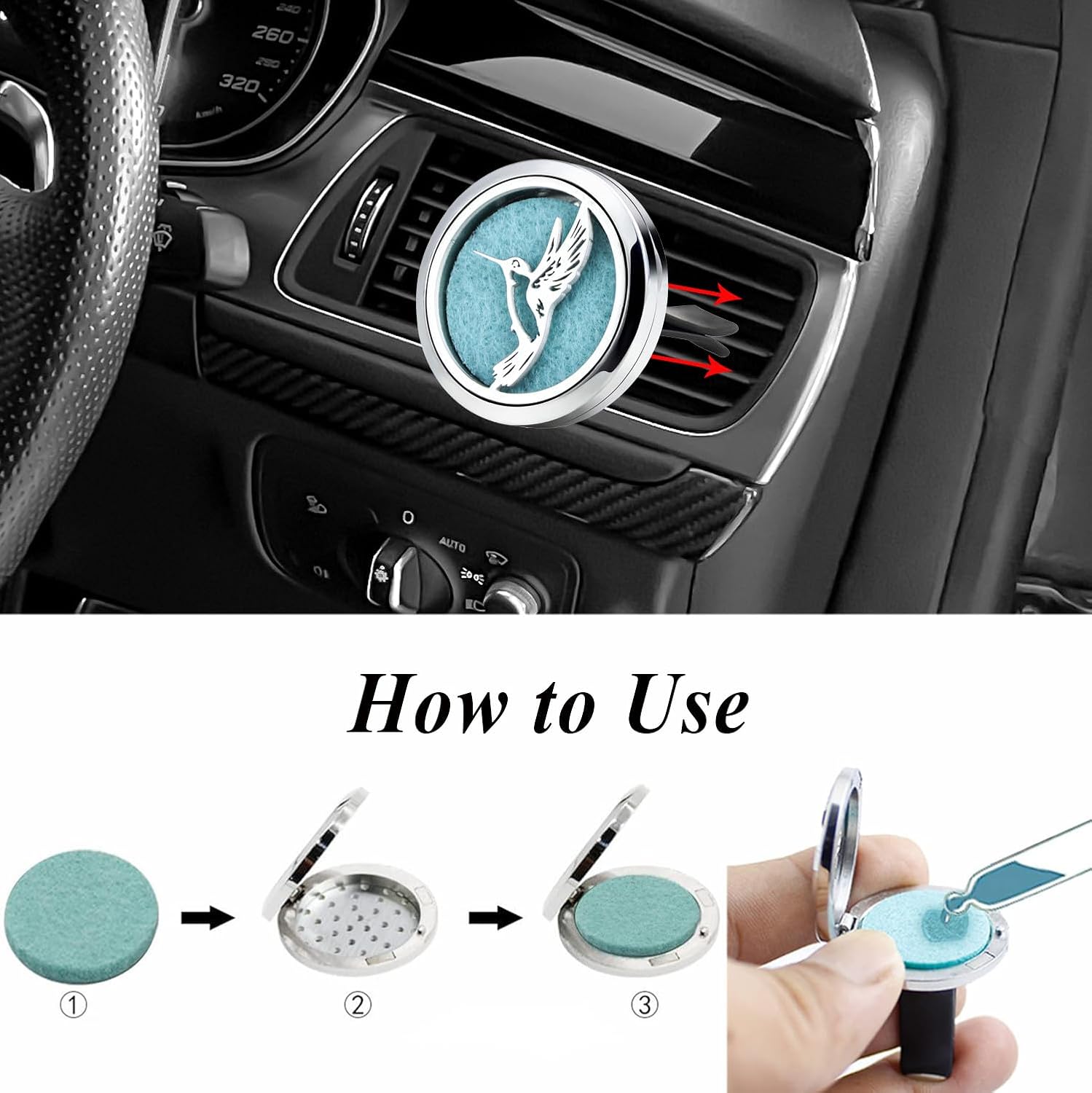 30mm Car Essential Oil Diffuser Vent Clips Air Freshener Vent Clip Aromatherapy Car Accessories 10 Felt Pads for Gift Women (Hummingbird)