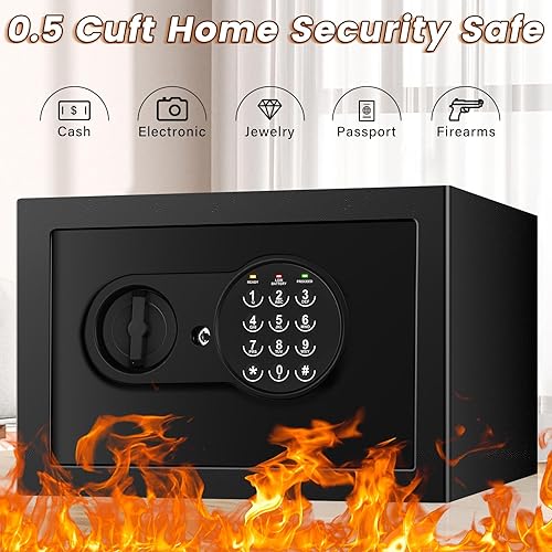 Miniatura 3 de Caja fuerte ignífuga pequeña de 0.6 pies cúbicos para uso doméstico, caja de seguridad digital para el hogar con cerradura de combinación y llaves