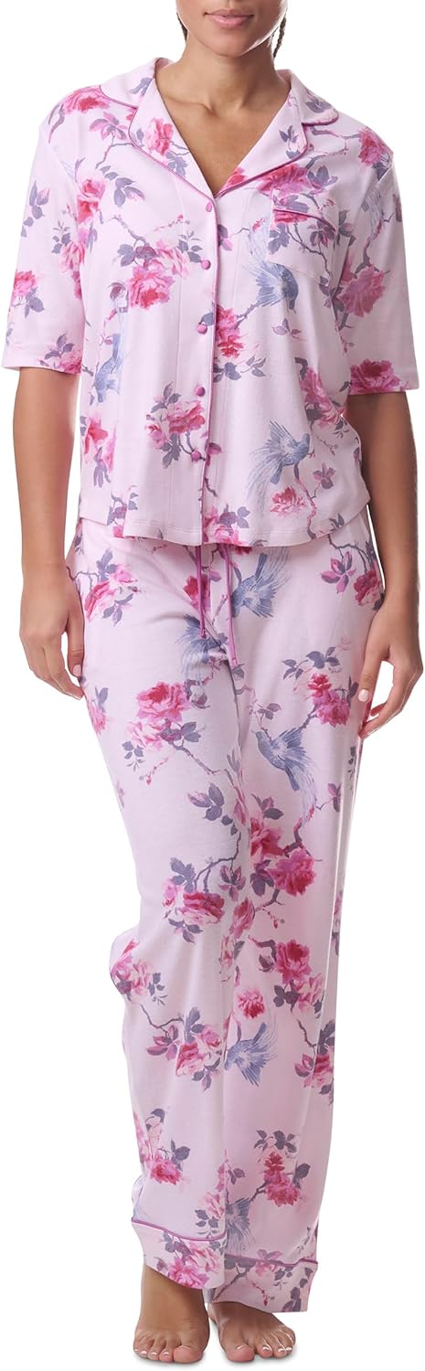 Karen Neuburger womens Girlfriend Notch Collar Elbow Length Sleeve Top and Pant Pajama Set - Image 2