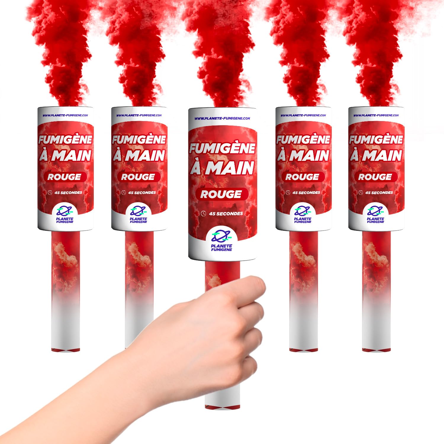 Fumigène Torche a Main 45 secondes couleur Rouge - Lot de 5 - Déclenchement à Mèche, durée 45 sec, fumigene couleur à tenir en Main - torche a main Catégorie F1 - LIVRAISON 24/48H