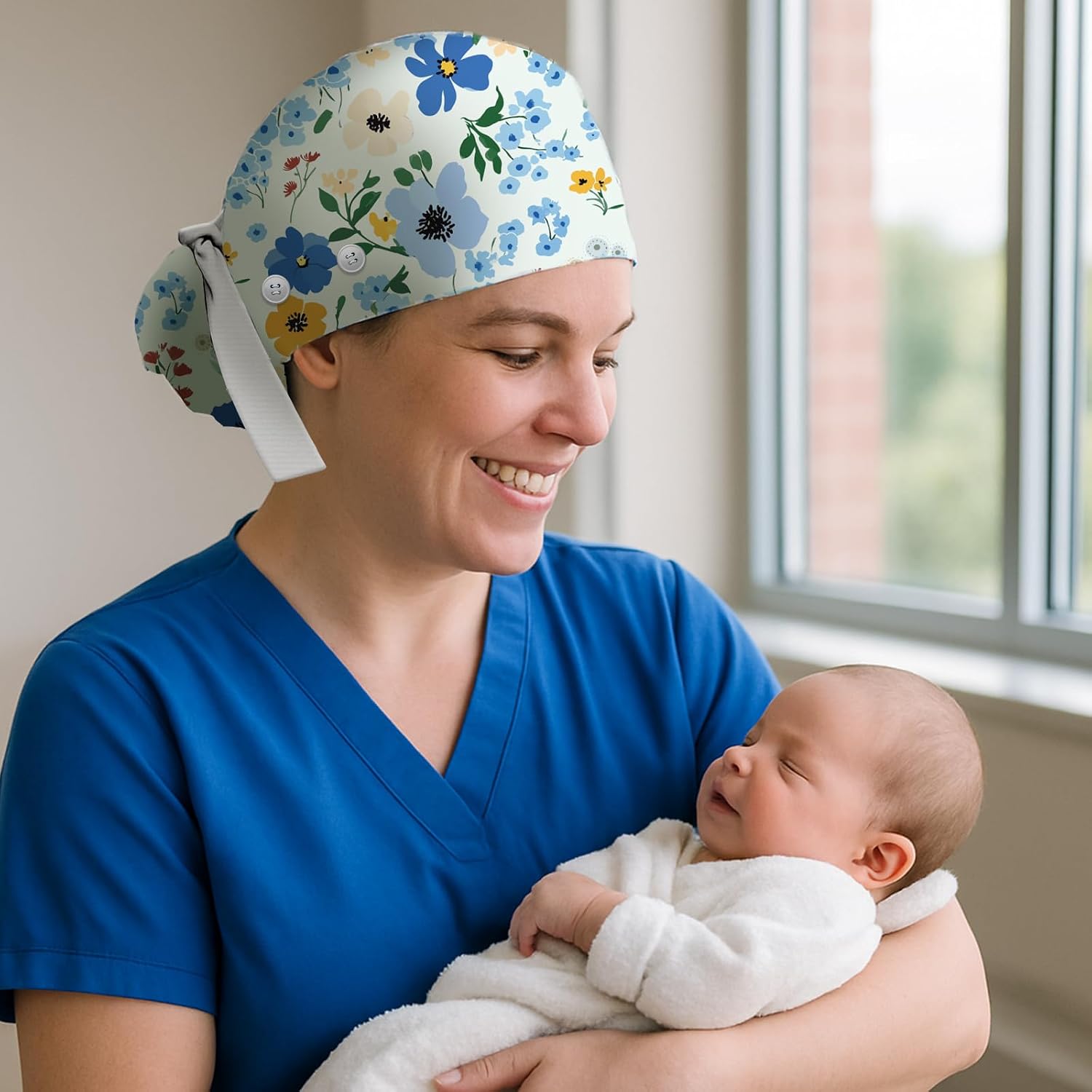 8PCS Scrub Caps Women Nursing Hats with Buttons Adjustable Tie Back Working Cap Bouffant Nurse Hats Ponytail Holder Bouffant Turban for Women Men