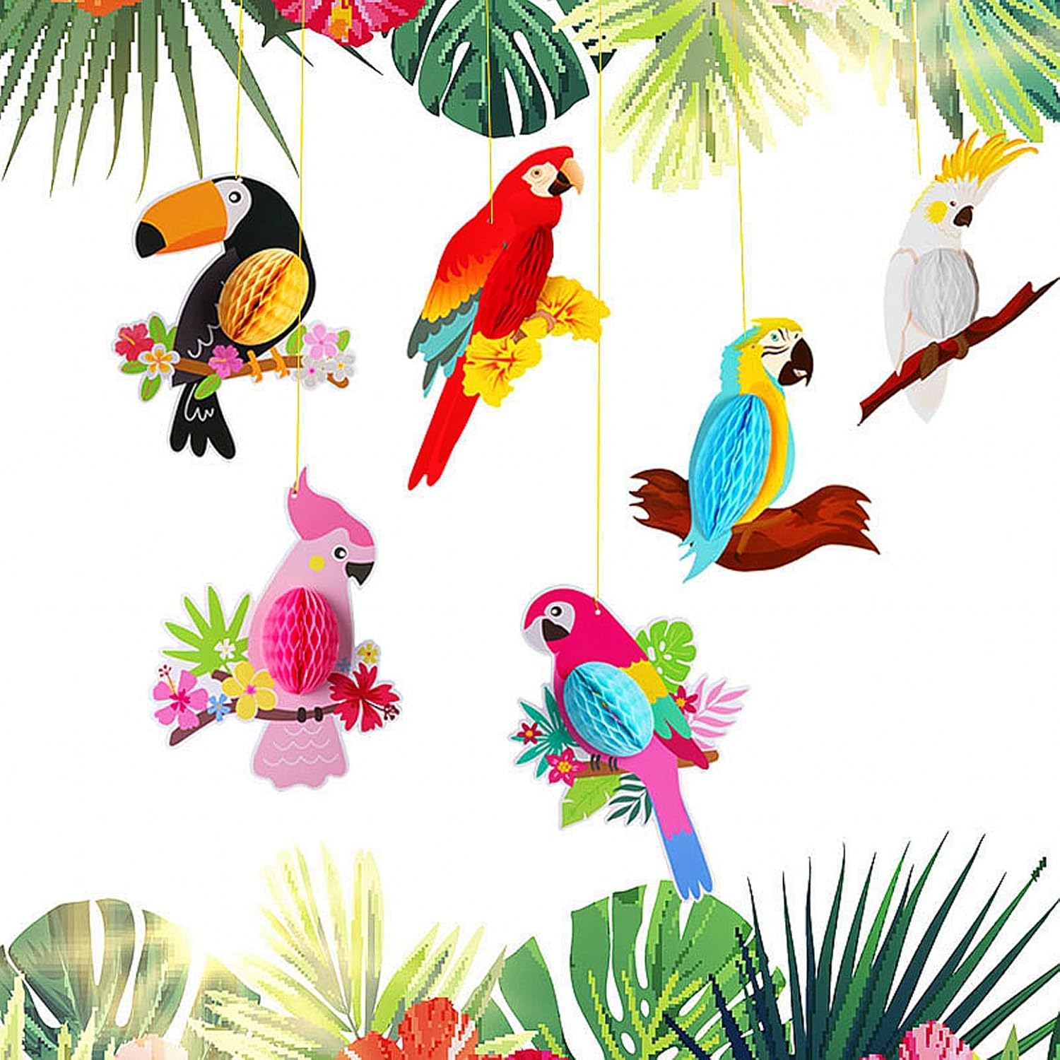 JZK 6x Tropical bird honeycomb paper cutouts, parrot honeycomb paper cuttings silhouettes, party hanging decorations for hawaiian luau tiki rainforest theme party supplies