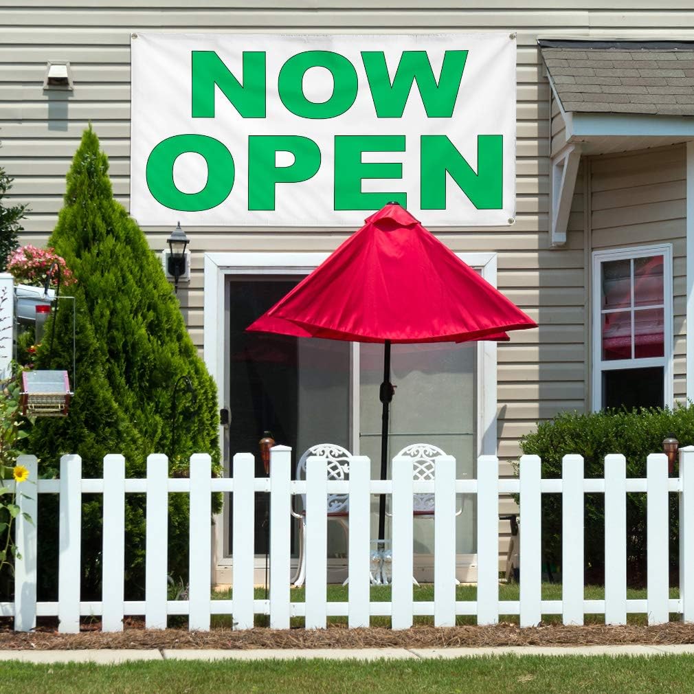 Vinyl Banner Multiple Sizes Now Open Green B Business Outdoor Weatherproof Industrial Yard Signs 4 Grommets 16x40Inches