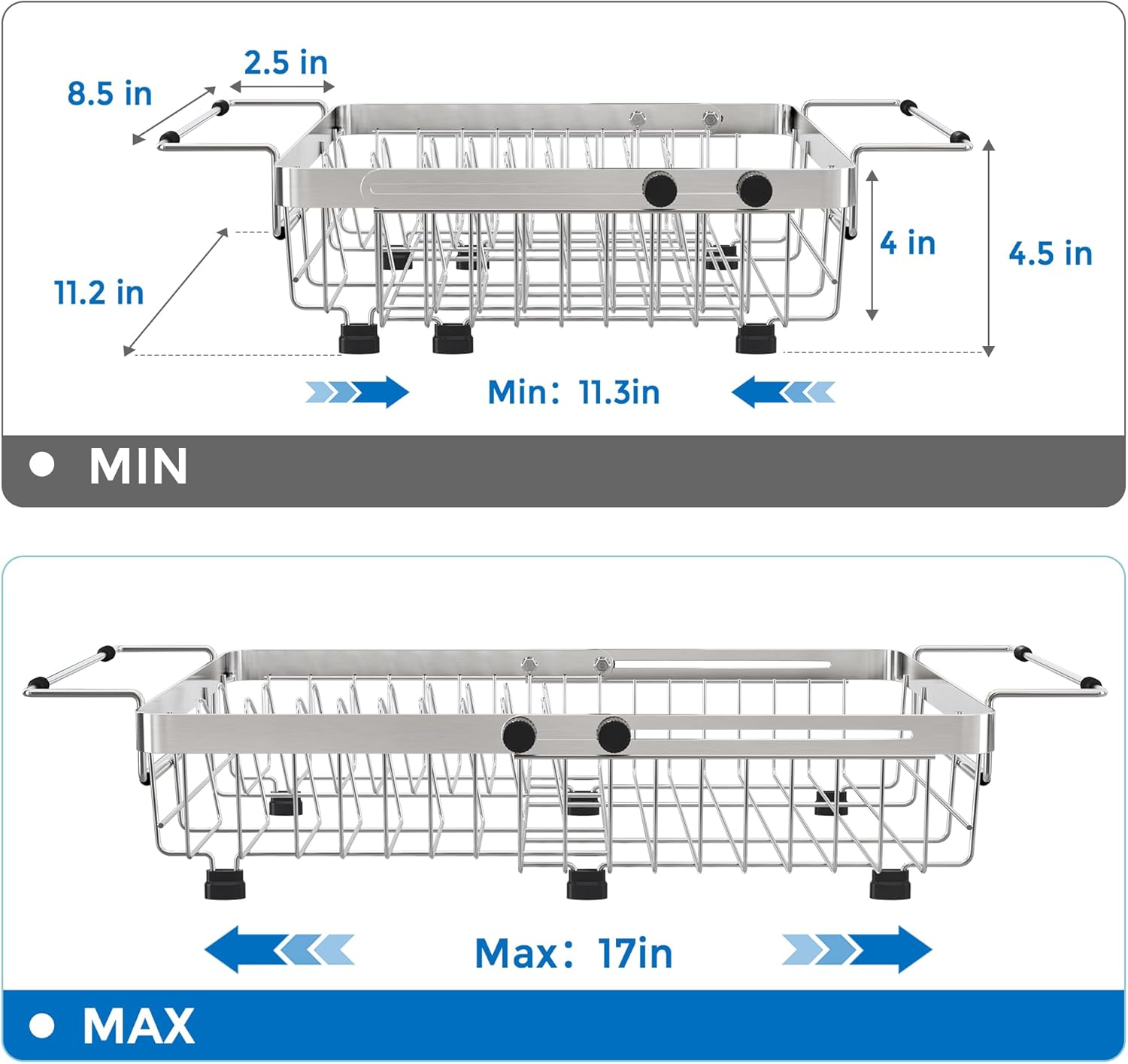 MAJALiS Expandable in Sink Dish Drying Rack, Adjustable Capacity (11.4''-17.4''L) Stainless Steel Over Sink Dish Drainers Rack for Kitchen Sinks with Utensil Holder, Silver