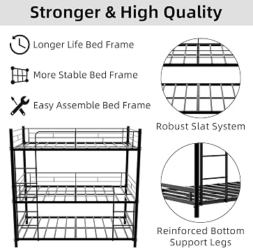 Metal Kids Triple Bunk Bed with Ladder, (90x190cm), Black | Silent Anti Slip Pad and Raised Guardrail, Space Saving Bed Frame for Small Rooms, Dormitory, Children's Room, No Mattress