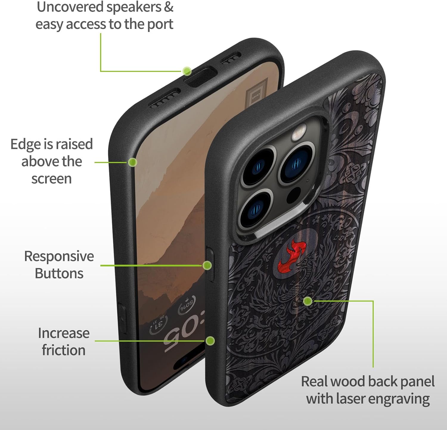 Carveit Designer Wooden Protective Magnetic Case for iPhone 14 Pro Max Case [Wood Engraving & Shell Inlay] Compatible with 14 Pro Max MagSafe (Phoenix in Symmetry-Blackwood)