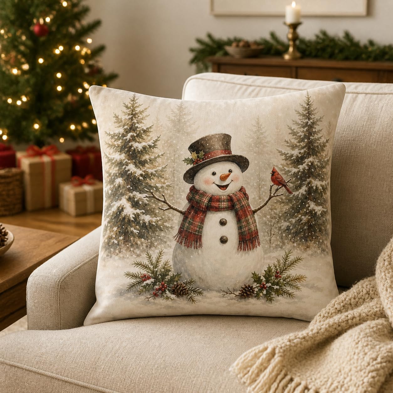 Vintage Snowman Pillow Covers Xmas Winter Holiday Cushion Case 18x18 image 3