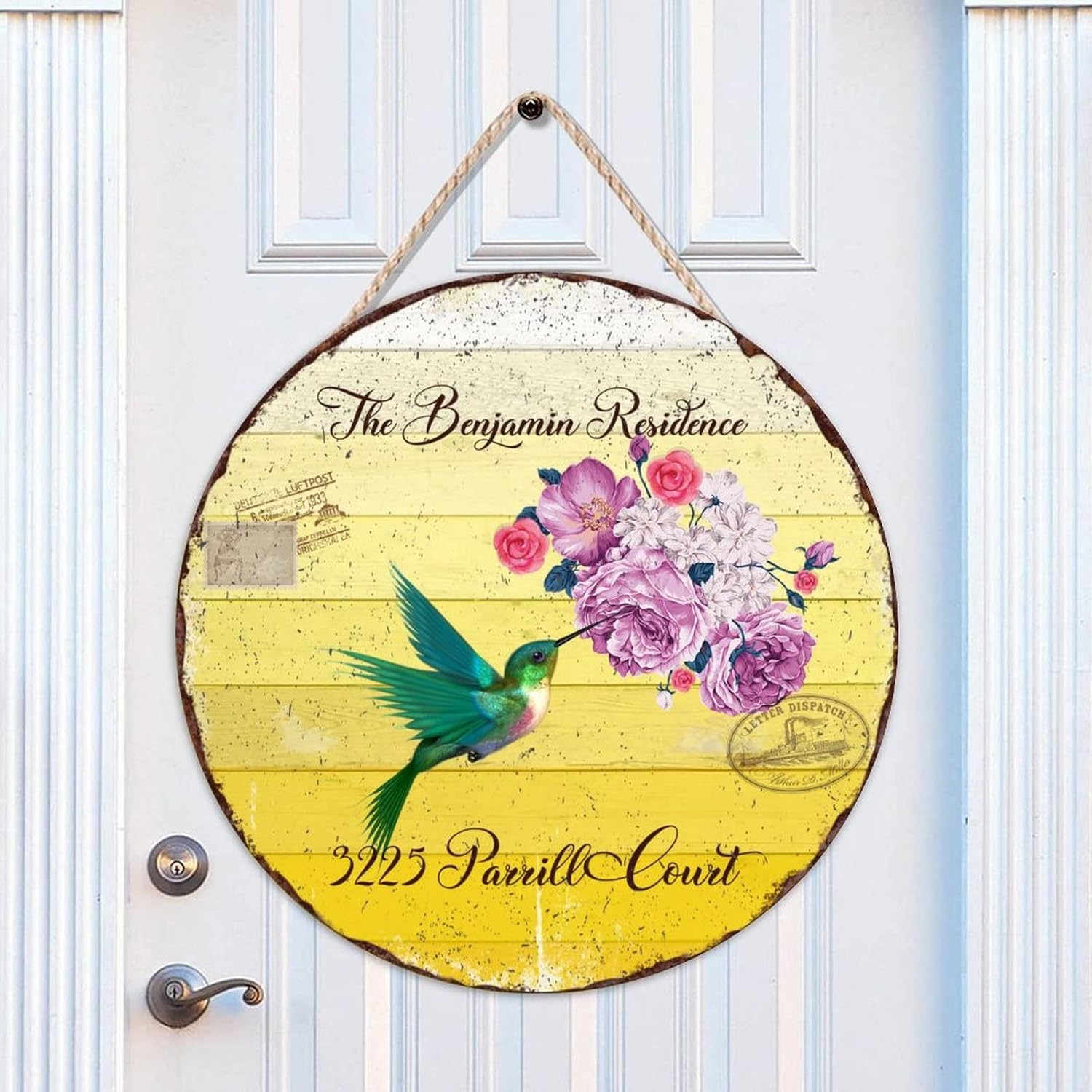 Custom Name Home Address Hummingbird Wood Door Sign, Welcome Round Door Hanger Sign, 18" x18" Custom Family Name Wall Door Hanging Sign for Backyard Porch Farmhouse Front Door Decor Gifts
