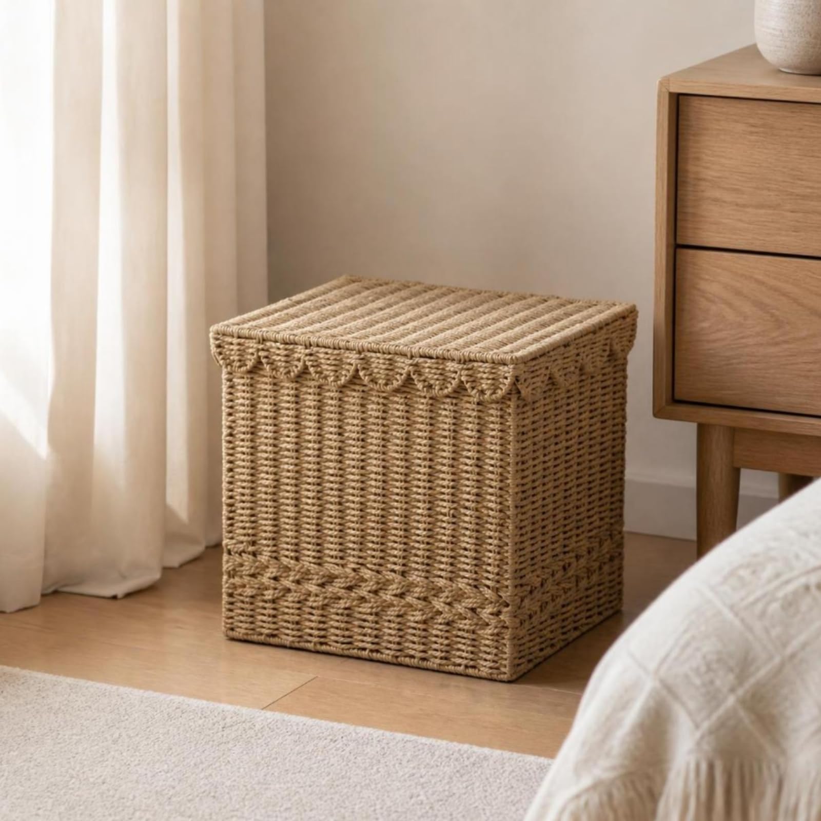 Baoblaze Cesto Portabiancheria Cesta Contenitore Paniere con Coperchio in Corda Intrecciata con Pizzo E Fodera Interna Adatto Cameretta 42cmx40cmx35cm