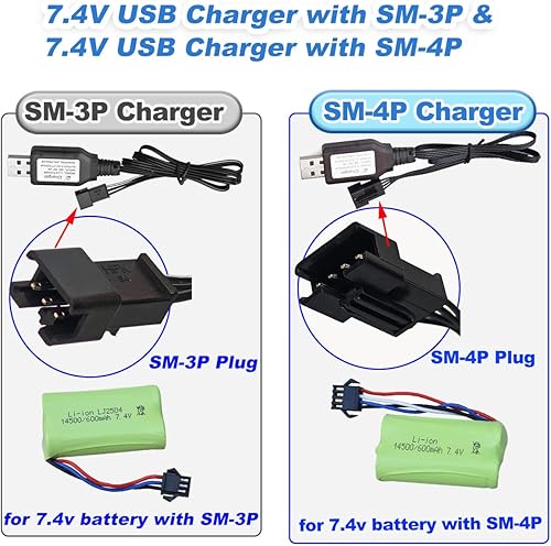 Miniatura 3 de Juego de cargador de batería de coche RC (4 modelos) - Incluye 3.7V SM-2P, 7.4V SM-3P, 7.4V cargador SM-4P y cargador LIPO de 7.4V con enchufe XH-3P