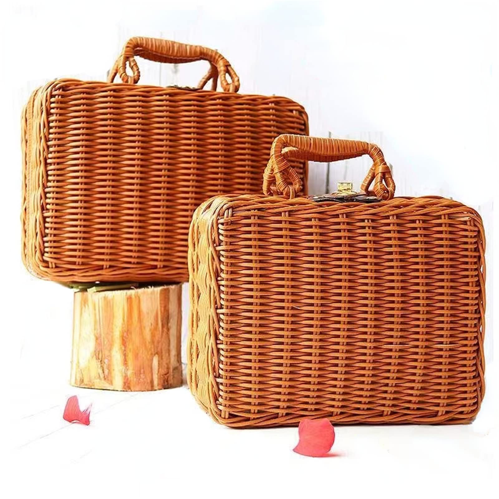Panier De Rangement En Rotin Synthétique Style Valise Rétro - 3 Tailles, Poignées, Fermeture Sangle, Idéal Pique-nique Ou Décoration