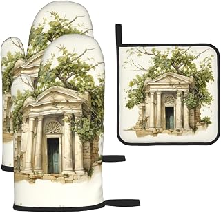 Antique Building with Roman Olive Branch and Greek Anti Scald Gloves and Pot Rack Set, Heat-Resistant Gloves for Kitchen Cooking, and Grilling