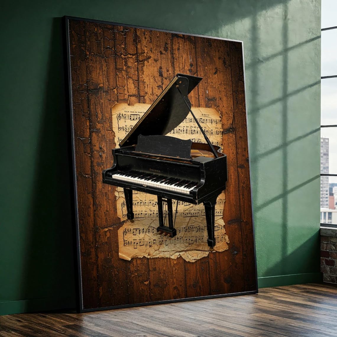 YUSUZHU Quadro su tela con pianoforte a coda vintage, sfondo con spartiti musicali, decorazione con strumento classico, arredamento musicale per la casa, tela retrò (60x90 cm/cornice interna)