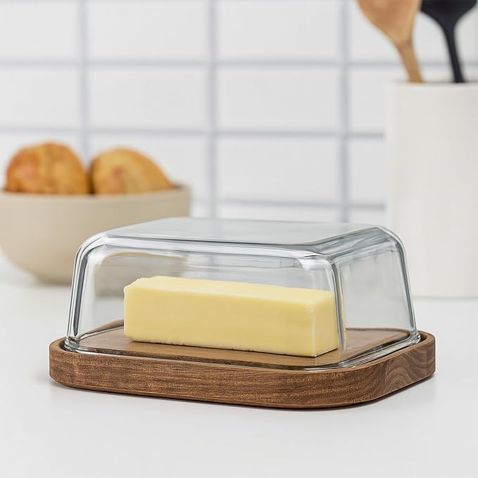 The Better Home Borosilicate Glass Butter Dish with Lid | Borsilicate Glass Container for Storage | Microwave Safe | Bamboo Butter Board | Container for Kitchen | Butter Tray (Dark Brown)