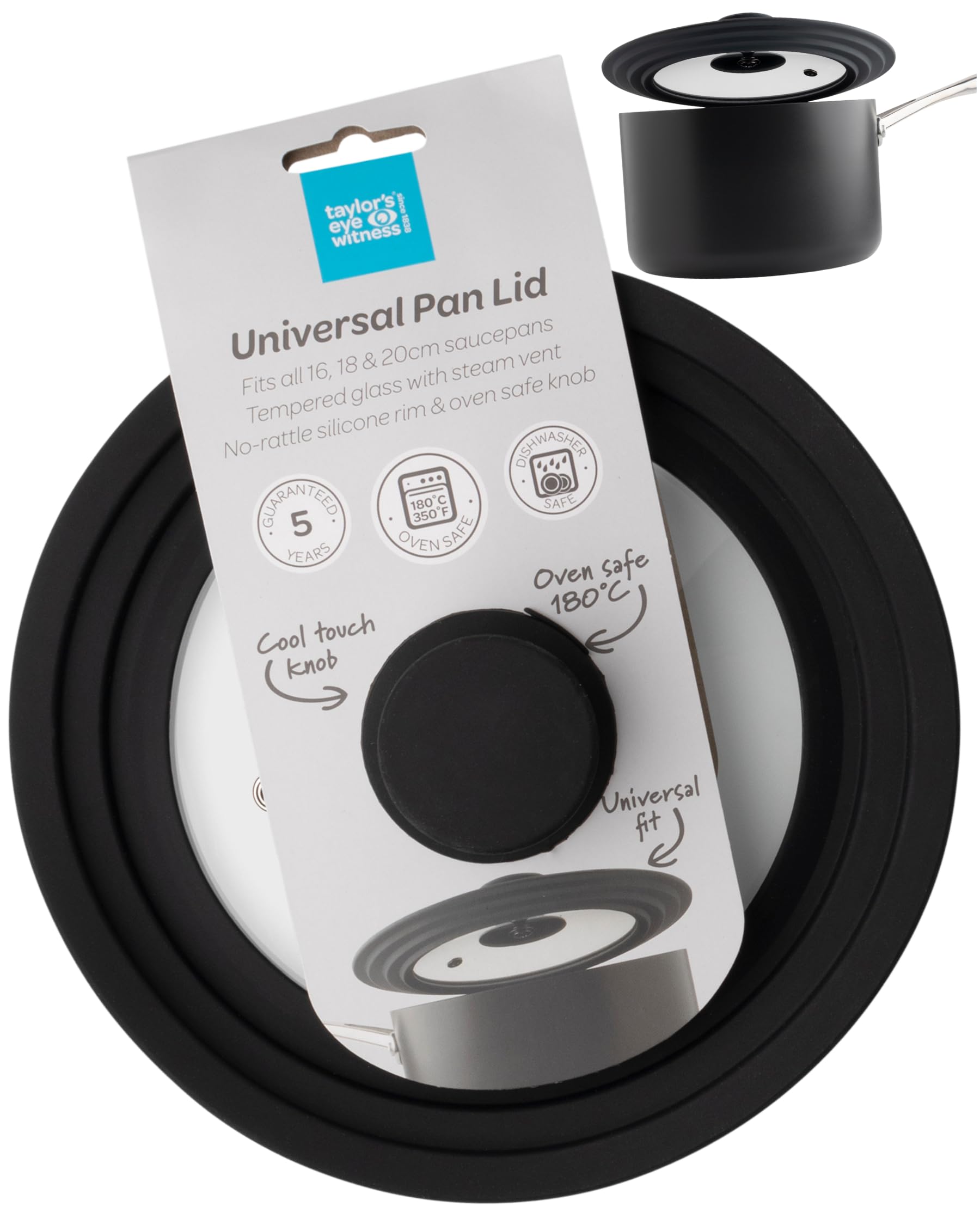 Taylors Eye Witness Universal Pan Lid - 3-in-1 Space Saving Frying Pan Cover, Tempered Glass with Silicone Rim and Oven-Safe, Cool Touch Knob. Fits 16cm, 18cm, & 20cm Pans, Pots & Casseroles Dishes โ image 1