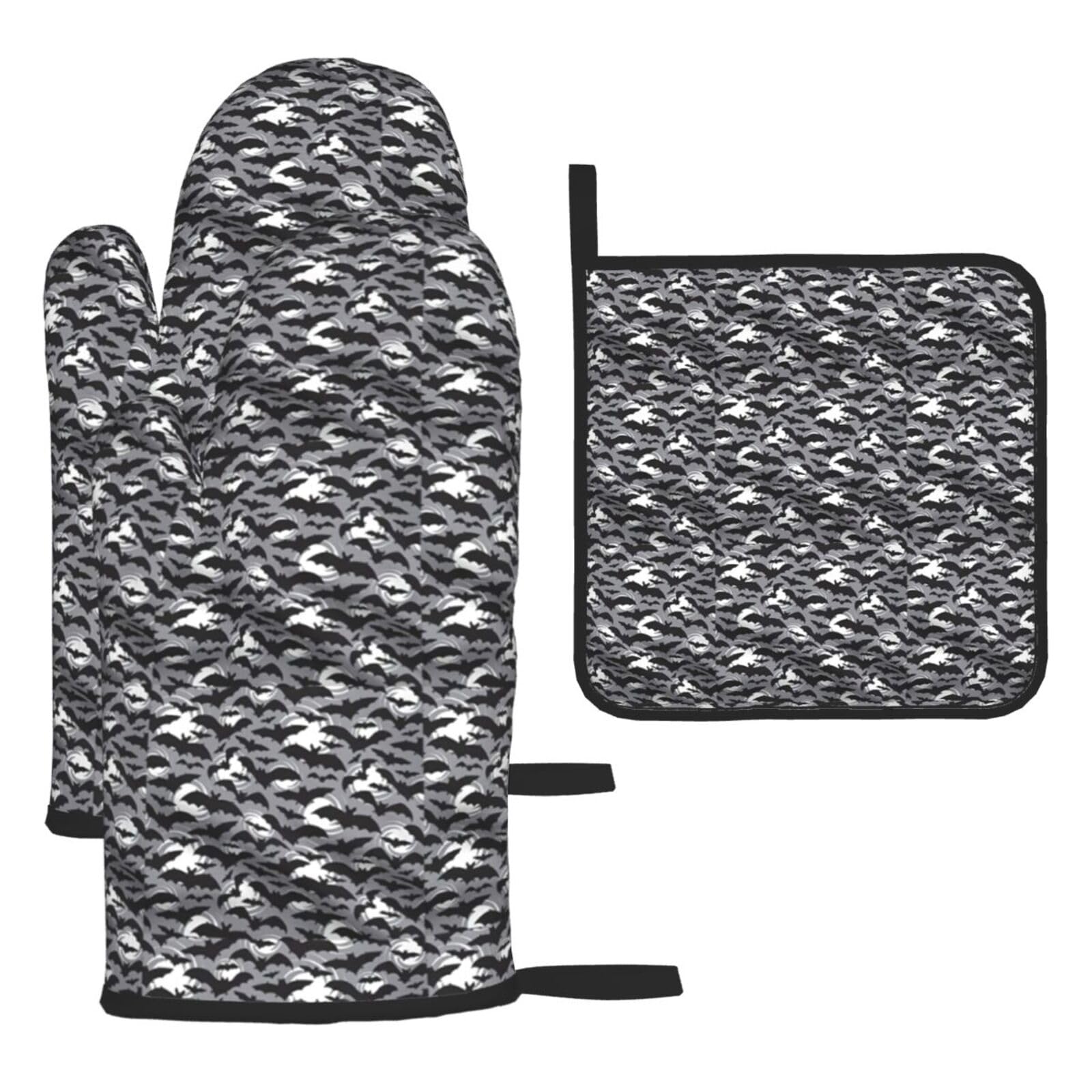 Halloween Bats Grey Print Oven Mitts Kitchen Gloves Set Everyday Baking Grilling Microwaving Cooking Gift
