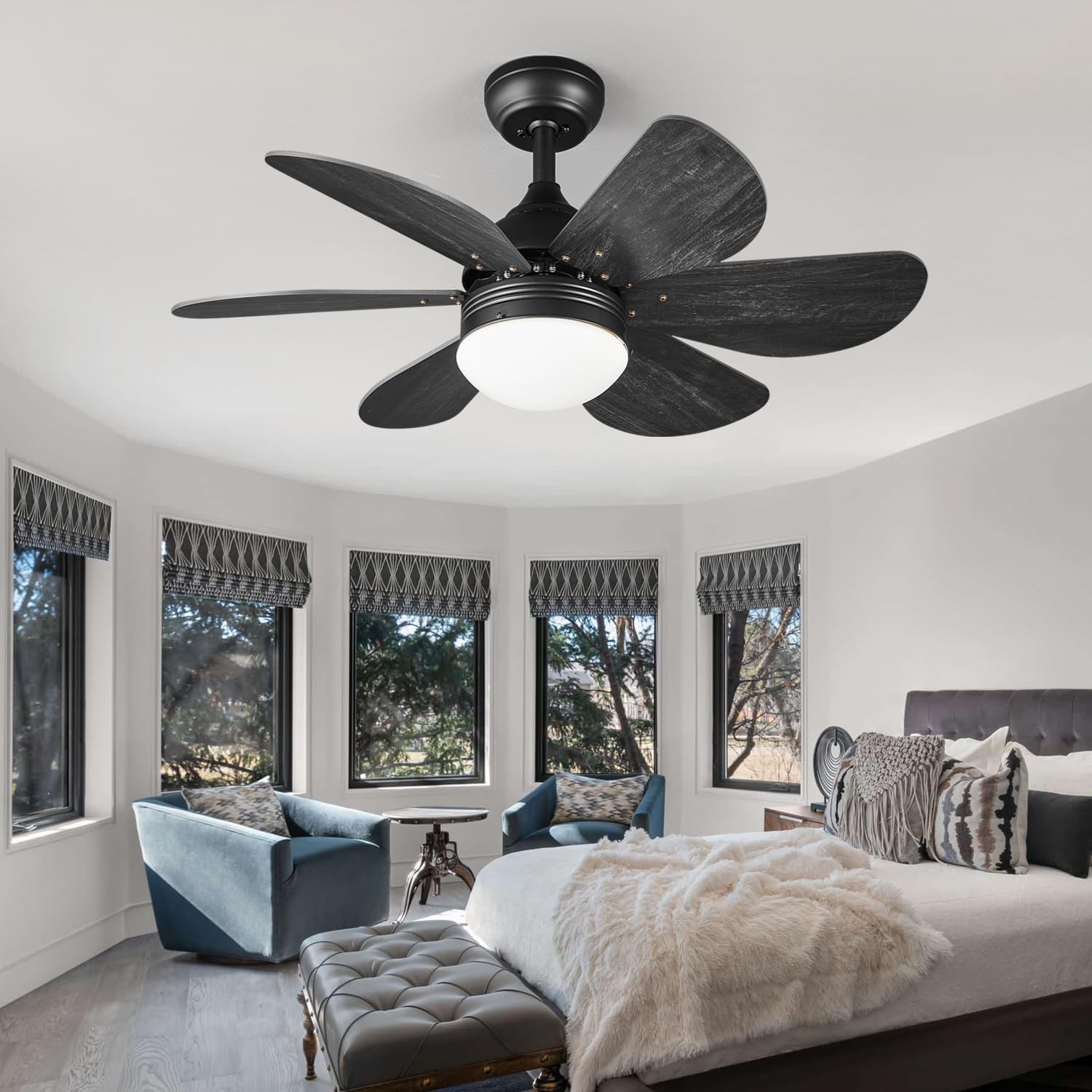 Black 36 Inch Low Profile Ceiling Fans with Light and Remote Control, Silent Reversible DC Motor, Small LED Modern Ceiling Fan for Bedroom, Kitchen, Living Room, Patio,Indoor/Outdoor Use