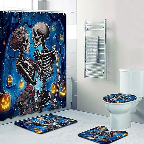Miniatura 2 de Juego de 4 cortinas de ducha de Halloween, decoración de baño con diseño de calavera gótica para amantes de los esqueletos, tapetes para cortinas,