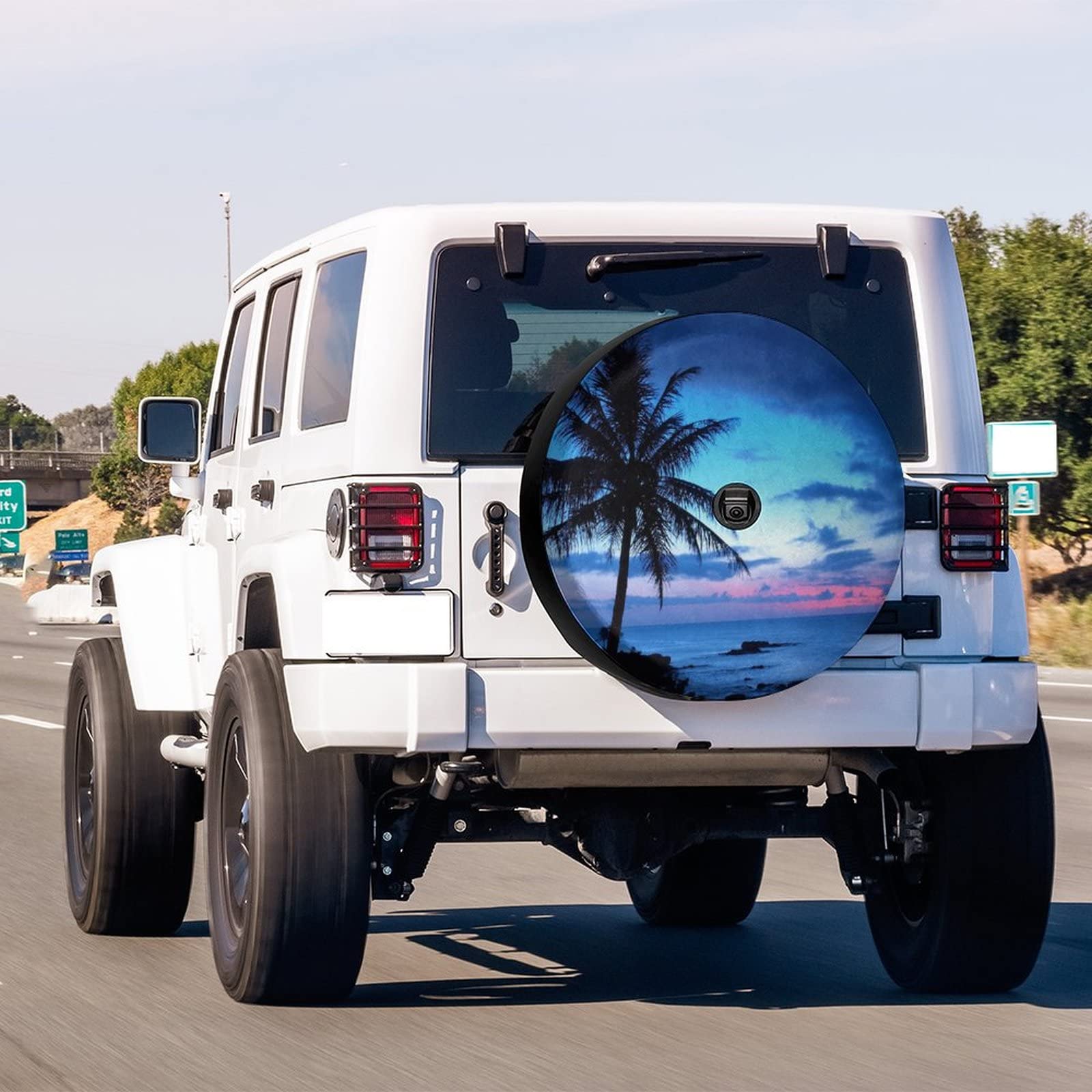 Foruidea Blue Palm Tree Sunset Spare Tire Cover with Backup Camera Hole Wheel Tire Cover Fit Trailer, RV, SUV and Many Vehicle 17inch