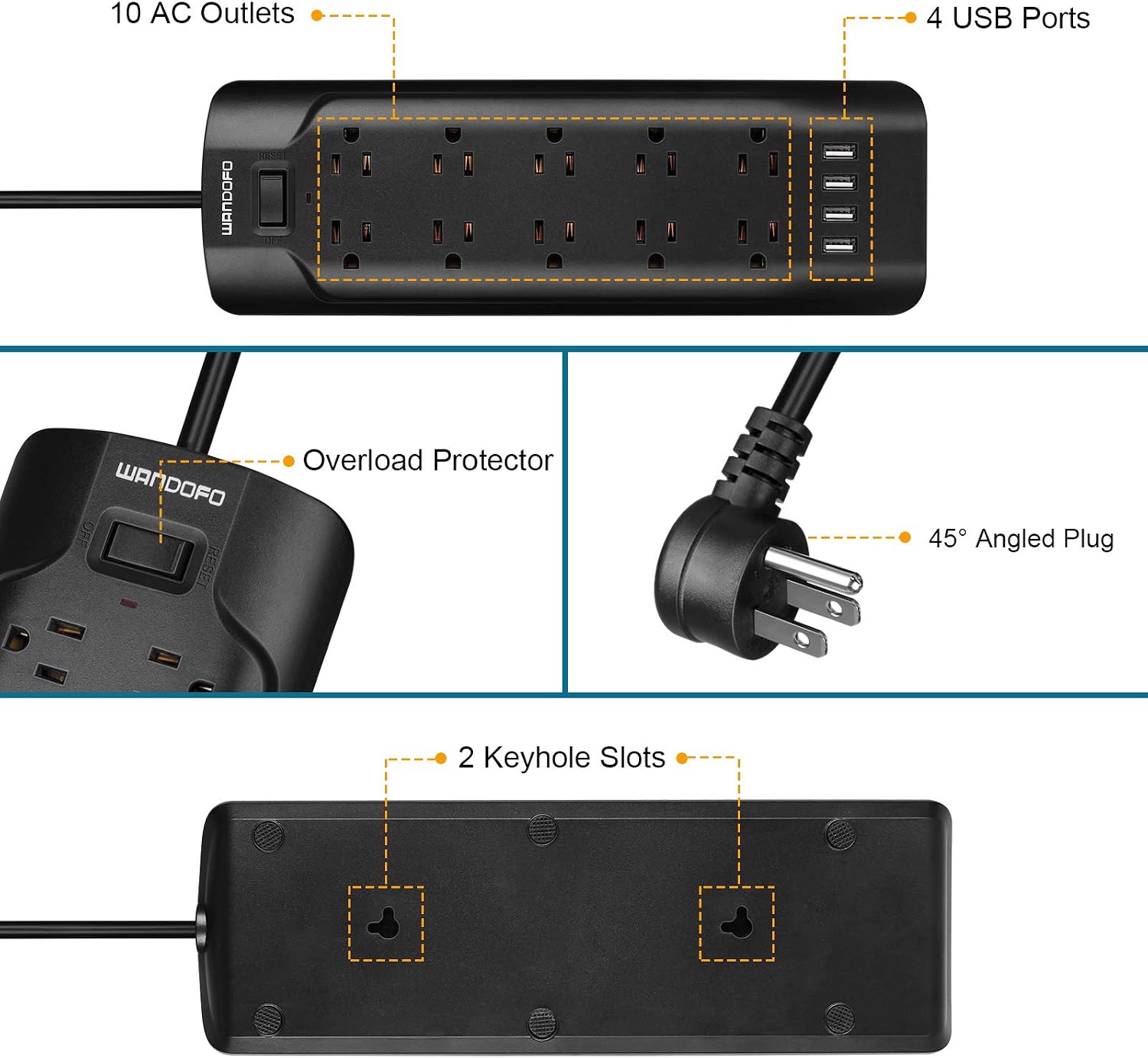 WANDOFO 15ft Extra Long Cord Power Strip Surge Protector, 5V 3.4A Smart USB Outlet Strip, 10 Widely Spaced Outlets, Low Profile Flat Plug, Wall Mountable, Ideal for Home Office, Black