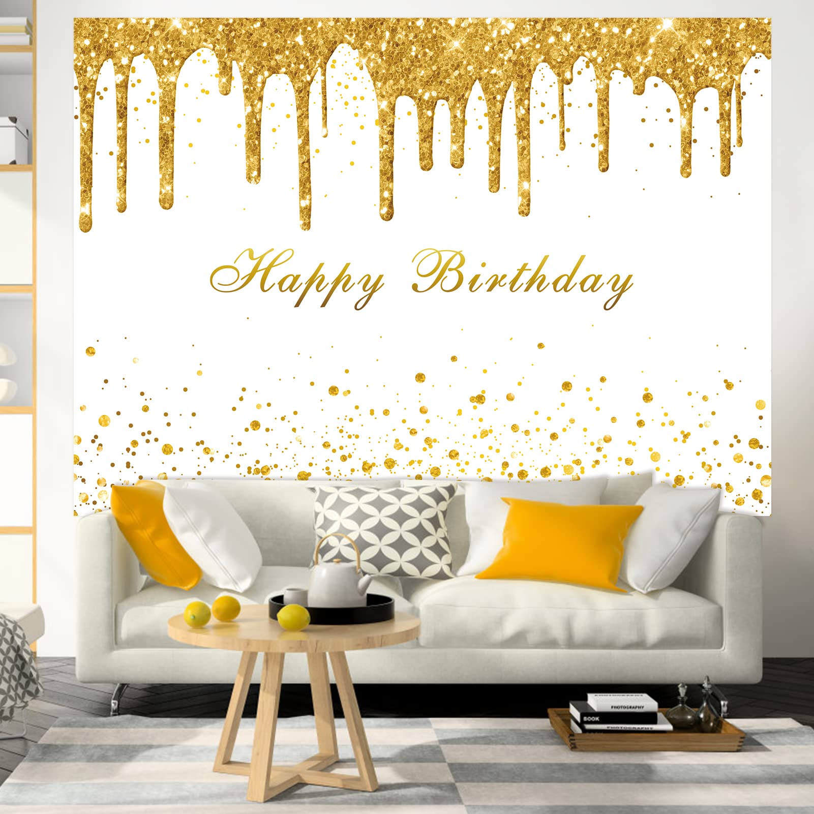 Fotohintergrund „Happy Golden Birthday“ – 2,4 X 1,8 M Vinyl, Gold-weiße Glitzer-Deko Für Geburtstagsfotos