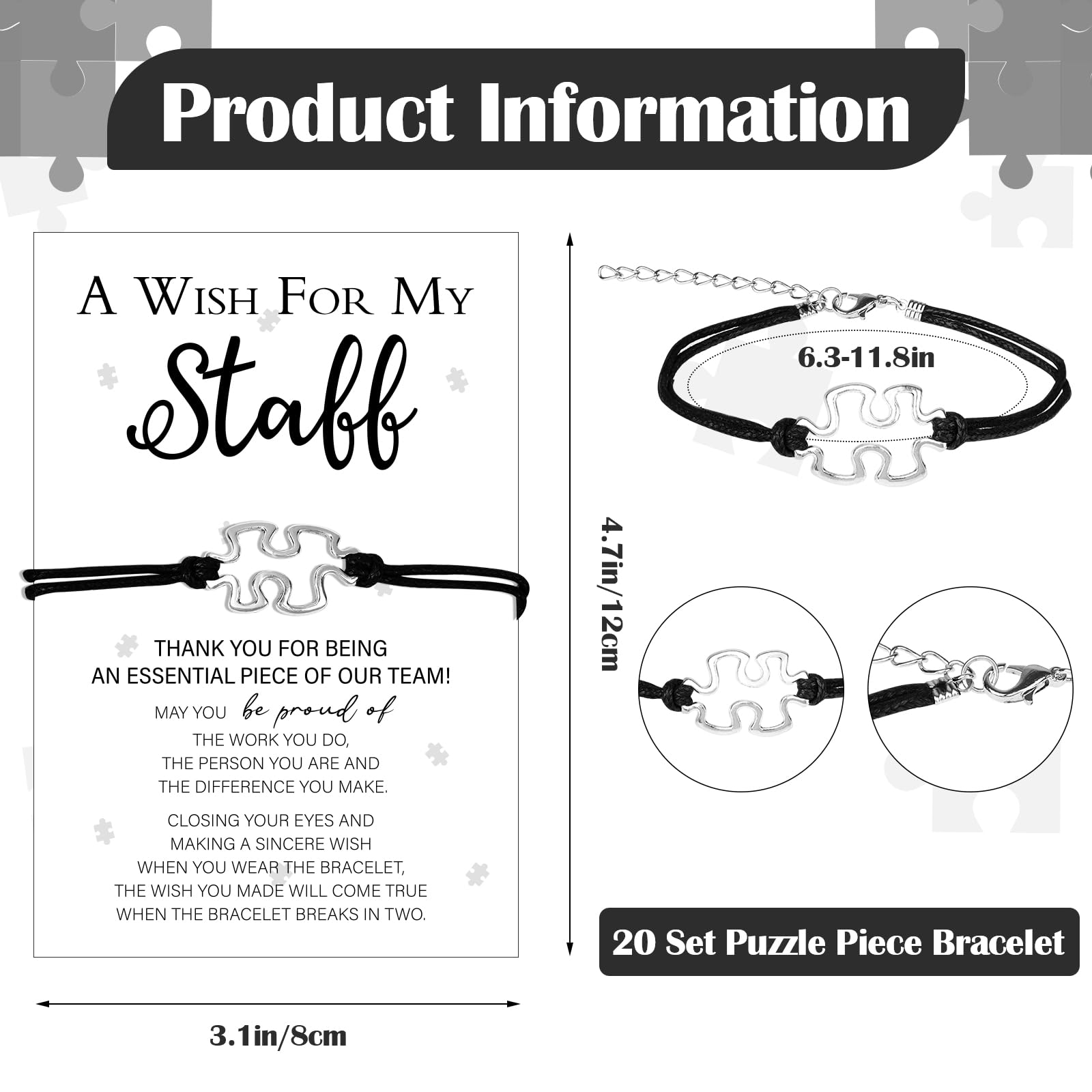 HAOWANWW 20 Set Staff Employee Appreciation Gifts Bulk Puzzle Bracelets with Thank You Cards Adjustable Wish Team Bracelets Personalized Friendship Bracelet for Coworker Staff Student Teacher - Image 2