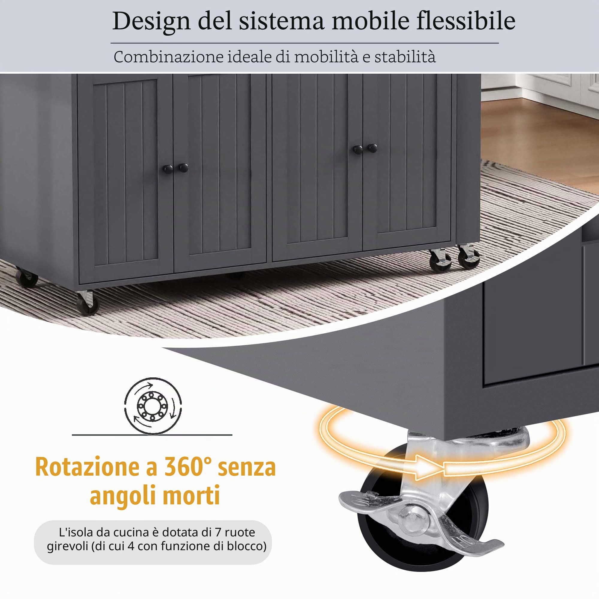 Isola da cucina su ruote con 2 cassetti, 4 ante, piano di lavoro allungabile, tavolino bar allungabile con spazio di archiviazione, tavolo estensibile, per 2-6 persone, carrello da cucina