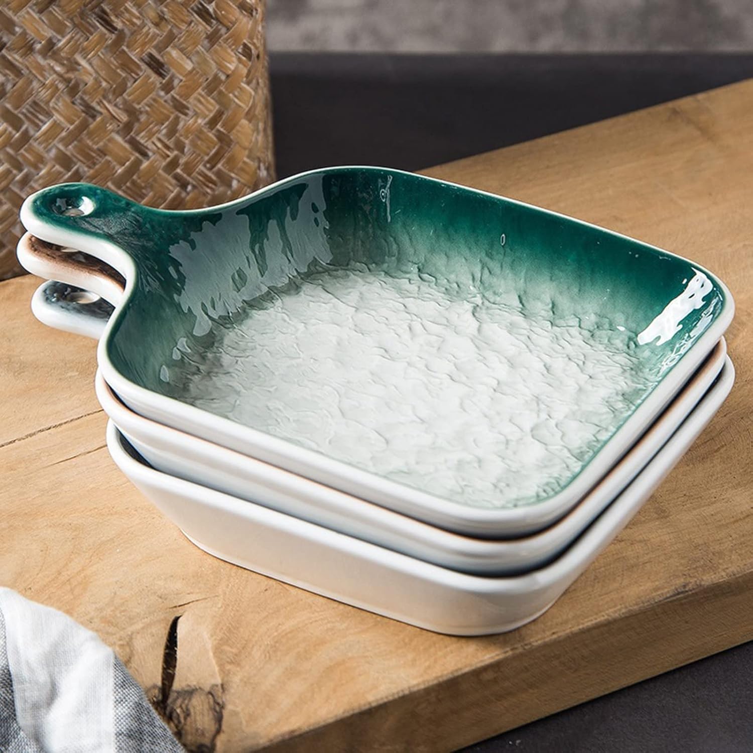 Bakeware Ceramic Baking Dish Serving Tray Tableware Square Handle Sushi Dessert Fruit Dishes Restaurant Plates Baking Dinnerware 2 Pcs Baking Pan (Color : Blue) (Green N) (Brown N)