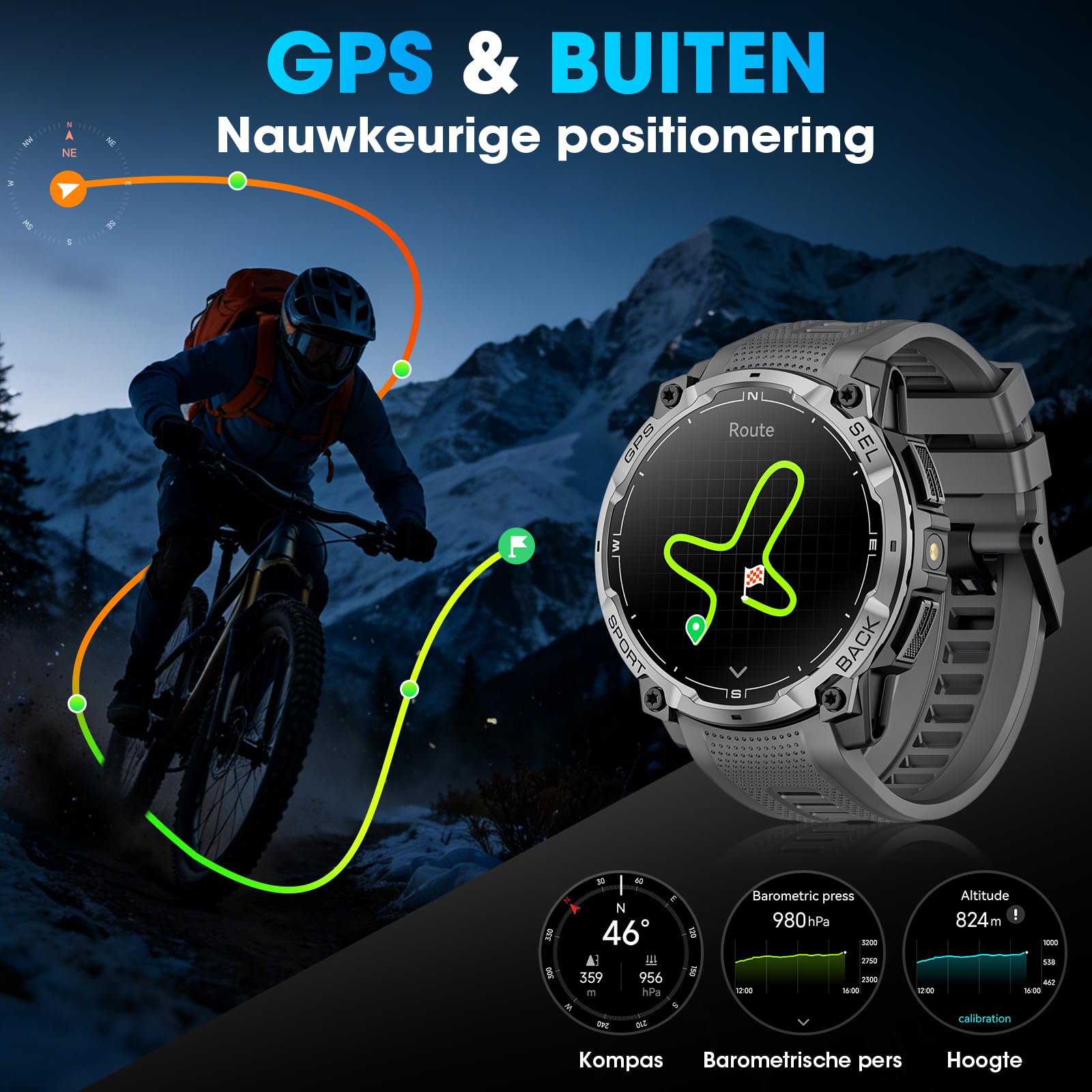 Reloj Inteligente Hombre Militar con GPS, 1.43" AMOLED HD Smart Watch con Llamada Bluetooth, Linterna LED, Brújula, Pulsómetro, 100+ Modos Deportivos, 3ATM Impermeable Reloj Deportivo para Android iOS