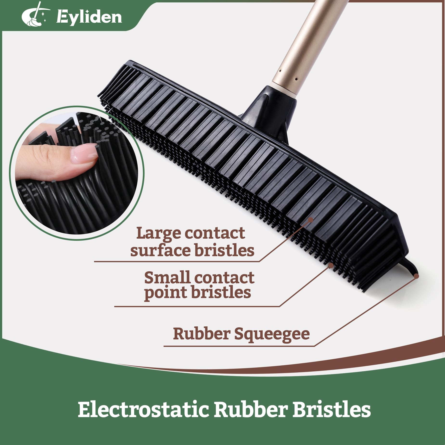 Eyliden Rastrello in gomma per peli di animali domestici, scopa 2 in 1 con tergivetro, manico telescopico da 137,2 cm, spazzola per rimuovere l'acqua dalla pelliccia per tappeti, tappeti, legno duro
