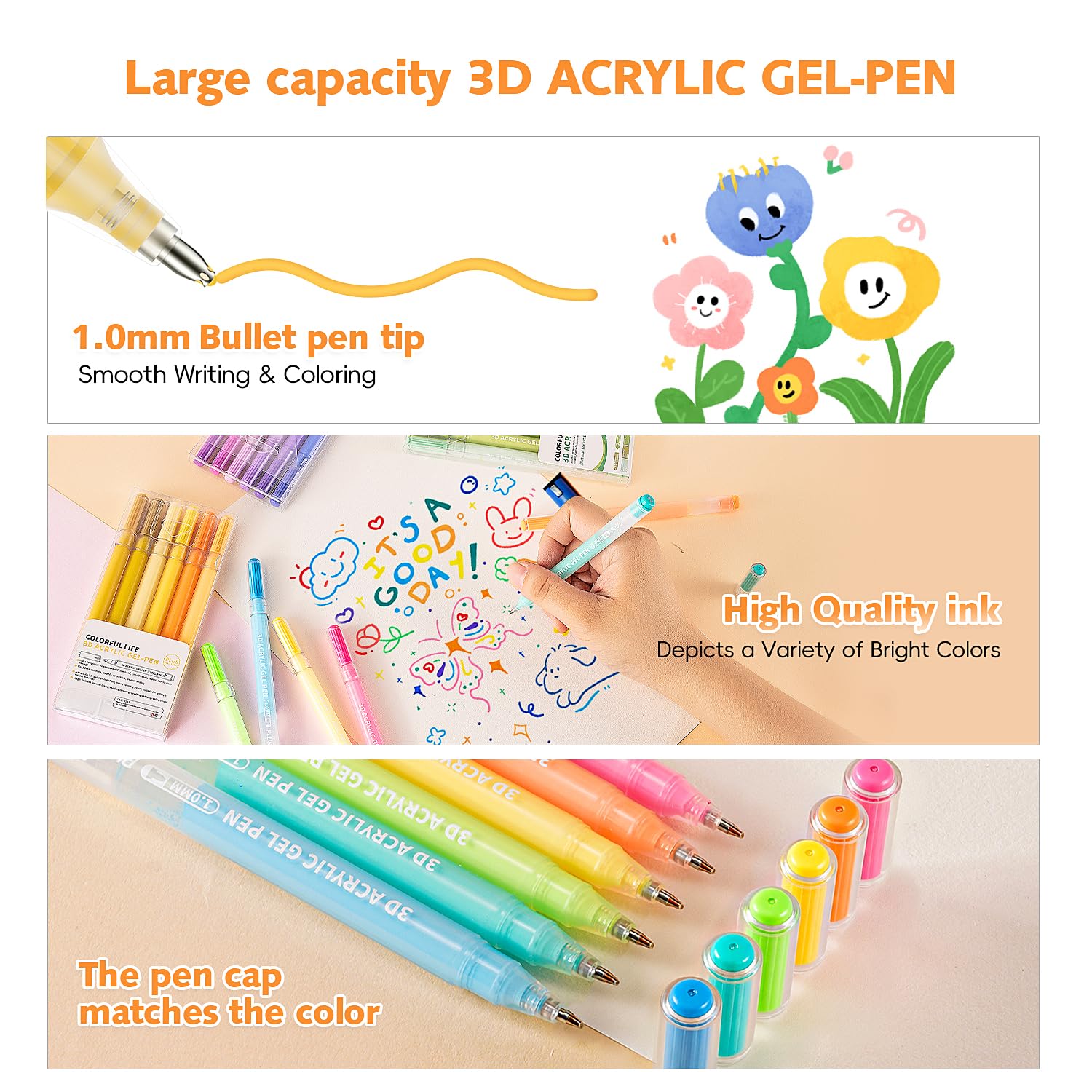 Confezione da 54 penne gel acriliche, penne artistiche 3D con punta da 1,0 mm, 54 colori ad alta capacità per biglietti di compleanno, biglietti di Natale, artigianato artistico, libri da